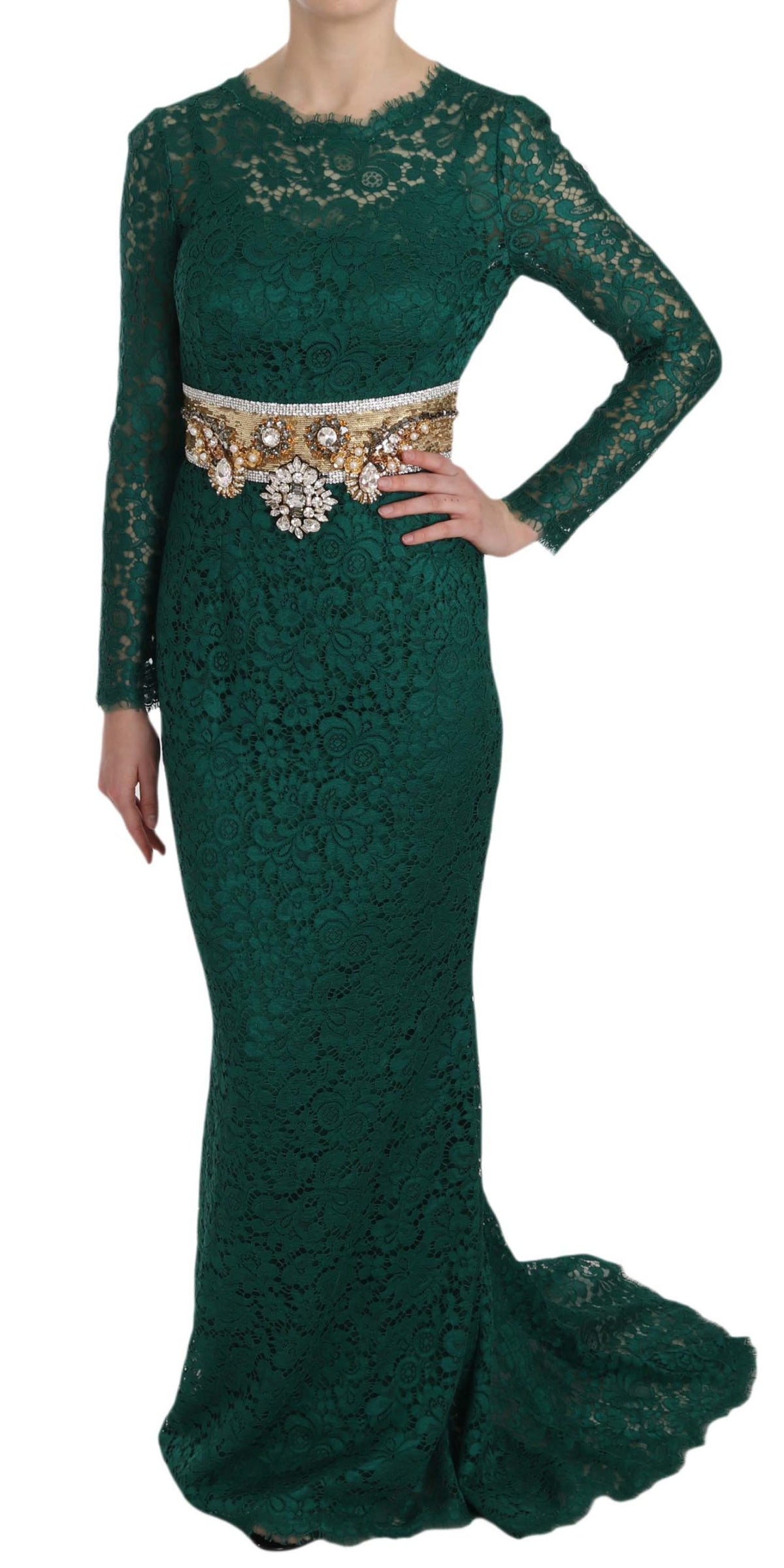 Dolce & Gabbana Crystal Gold Belt Lace Sheath Gown Women's Dress