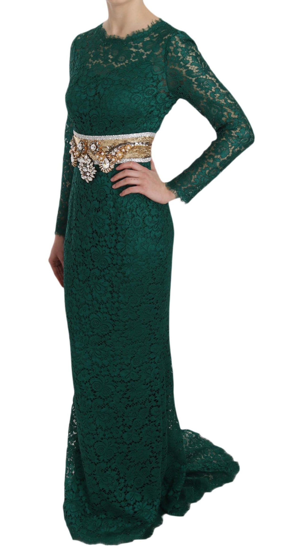 Dolce & Gabbana Crystal Gold Belt Lace Sheath Gown Women's Dress
