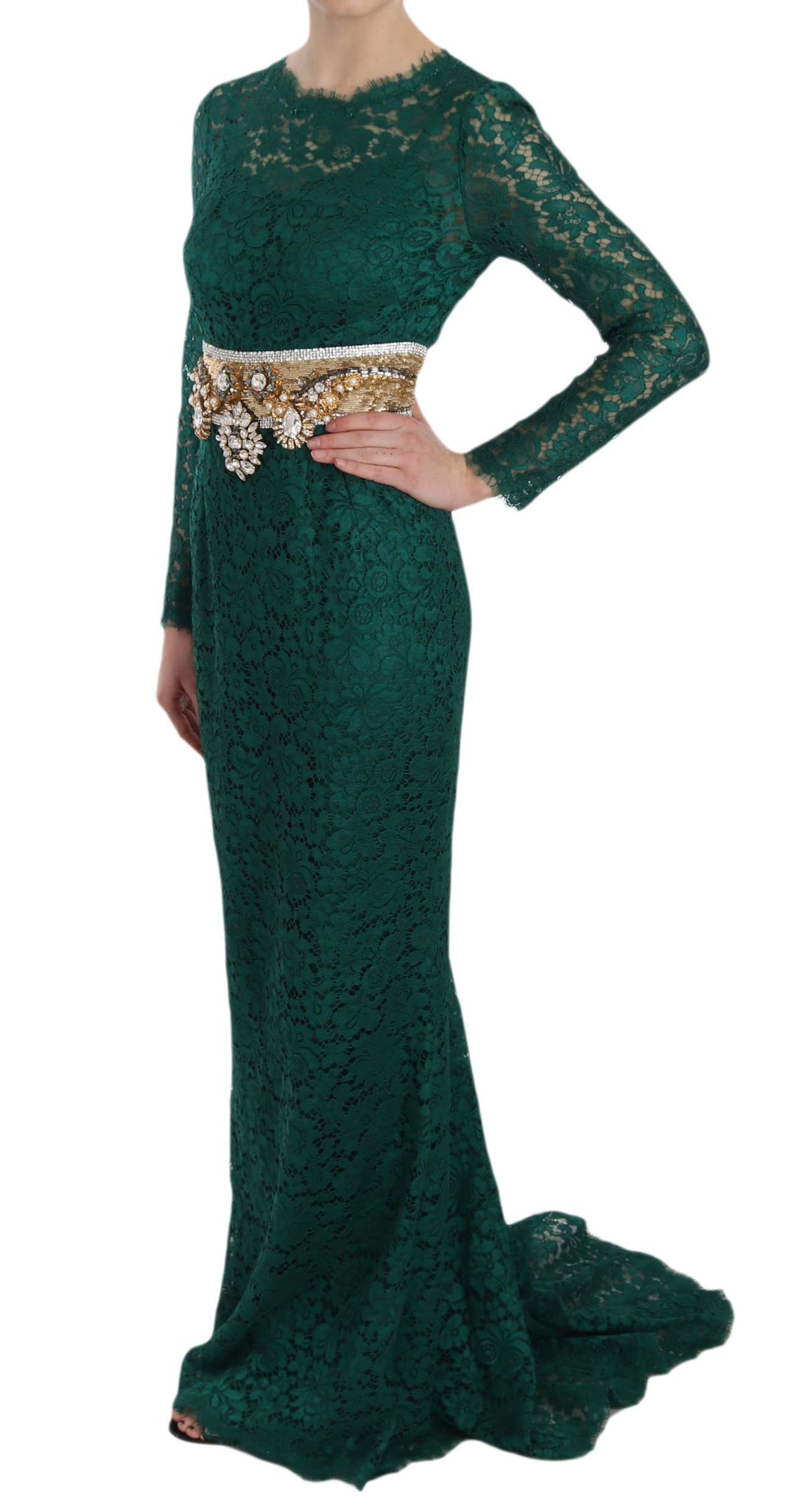 Dolce & Gabbana Crystal Gold Belt Lace Sheath Gown Women's Dress