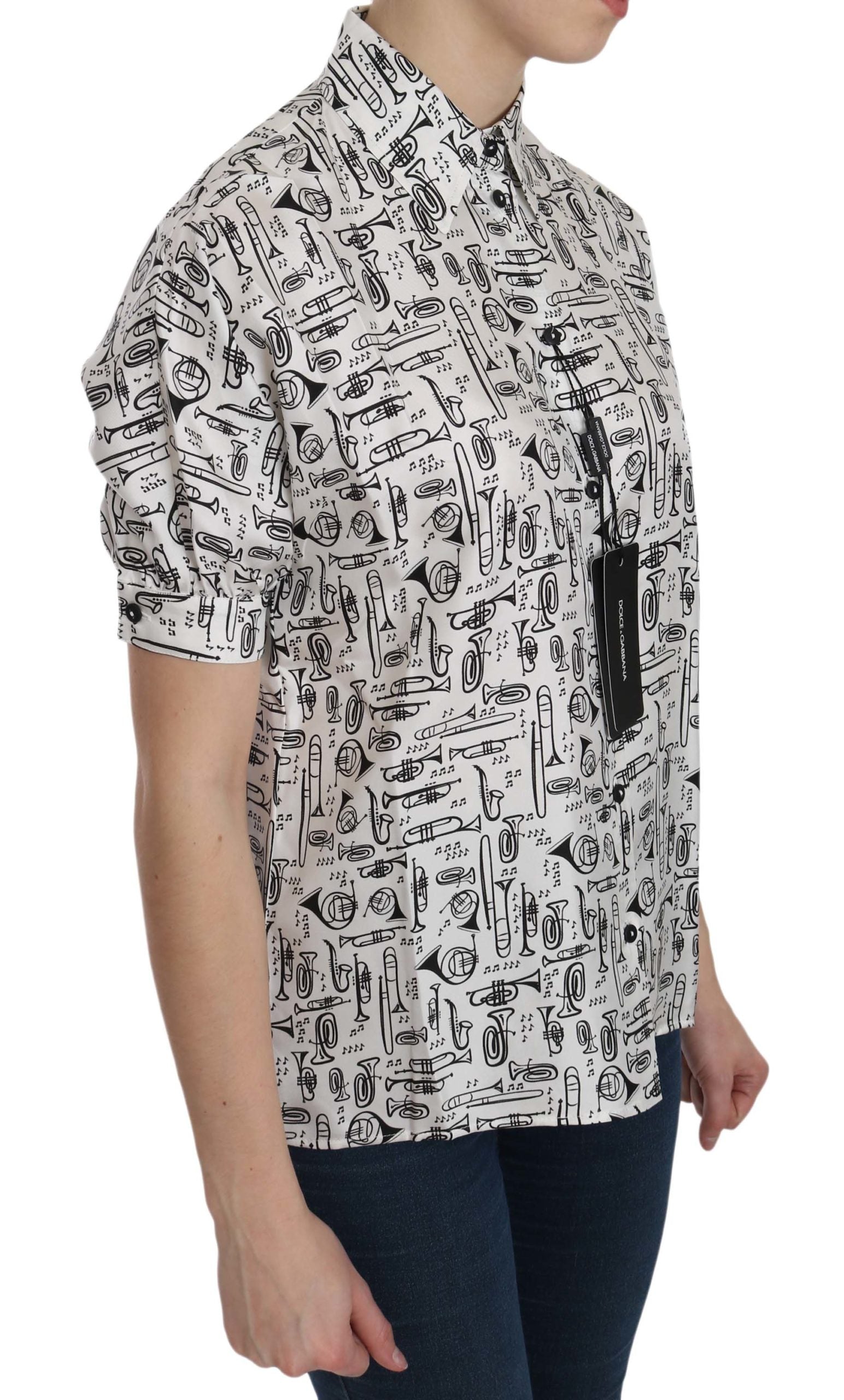 Dolce & Gabbana White Musical Instrument Collared Blouse Women's Shirt