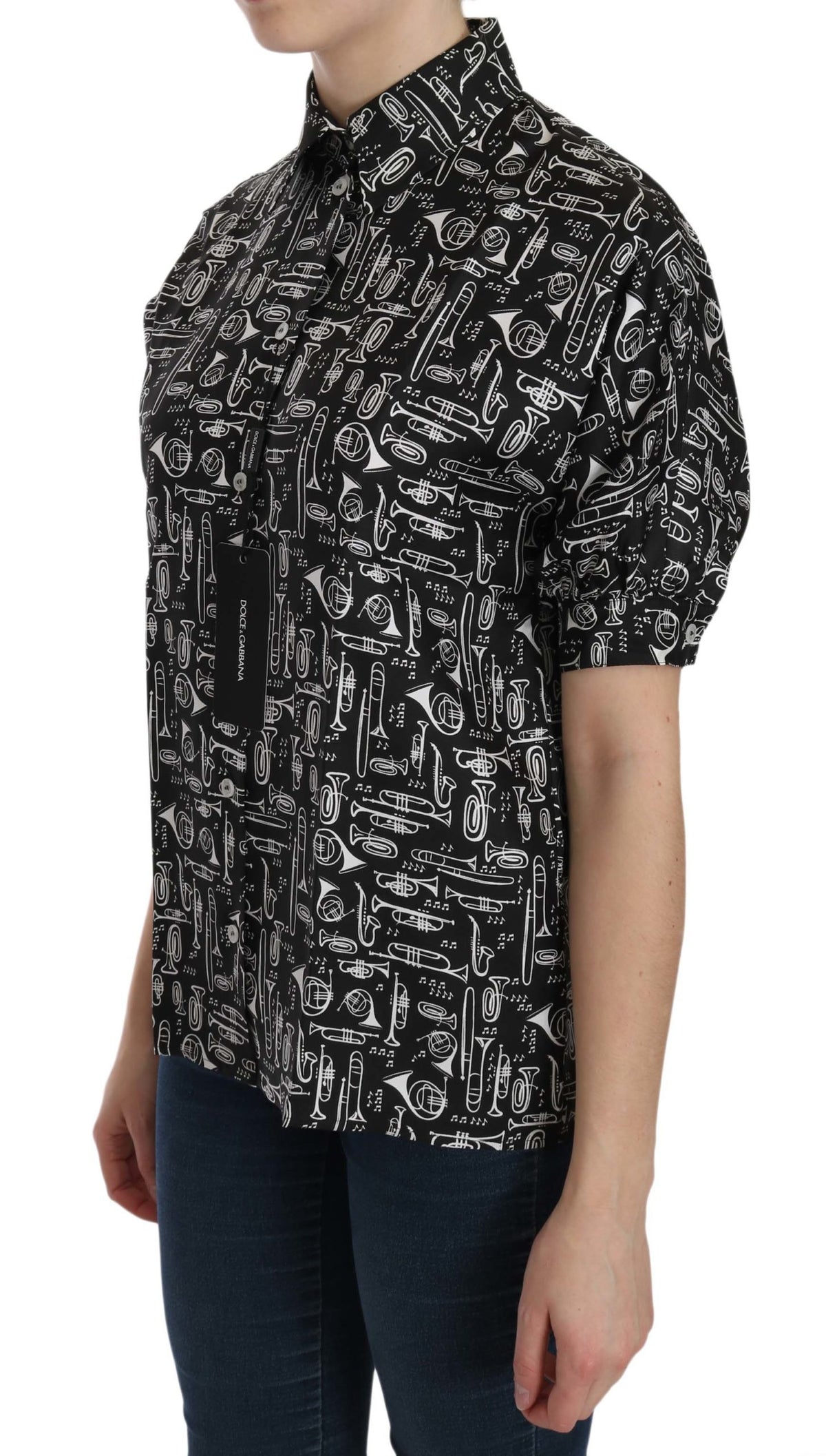 Dolce & Gabbana Black Musical Instrument Collared Blouse Women's Shirt