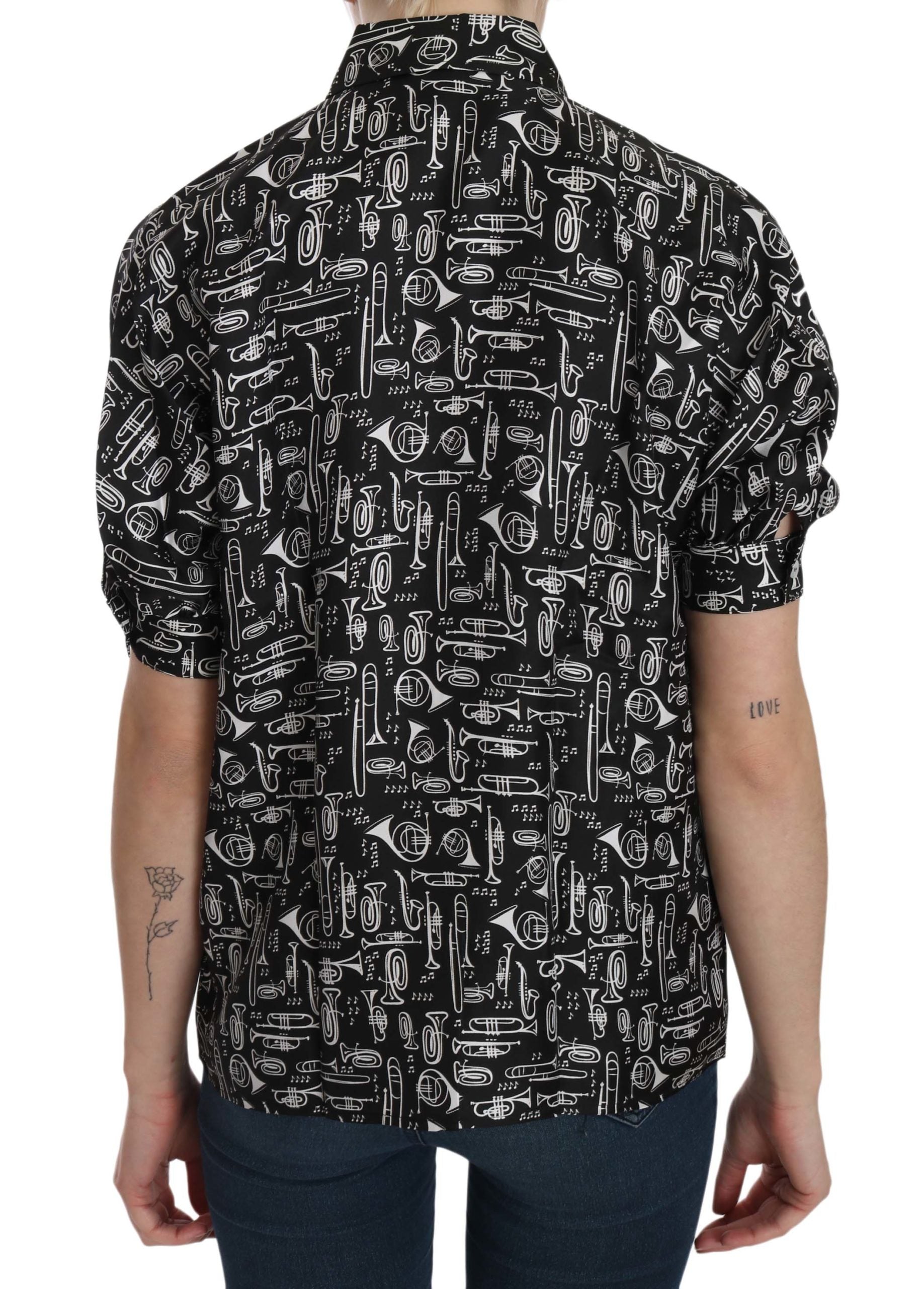 Dolce & Gabbana Black Musical Instrument Collared Blouse Women's Shirt