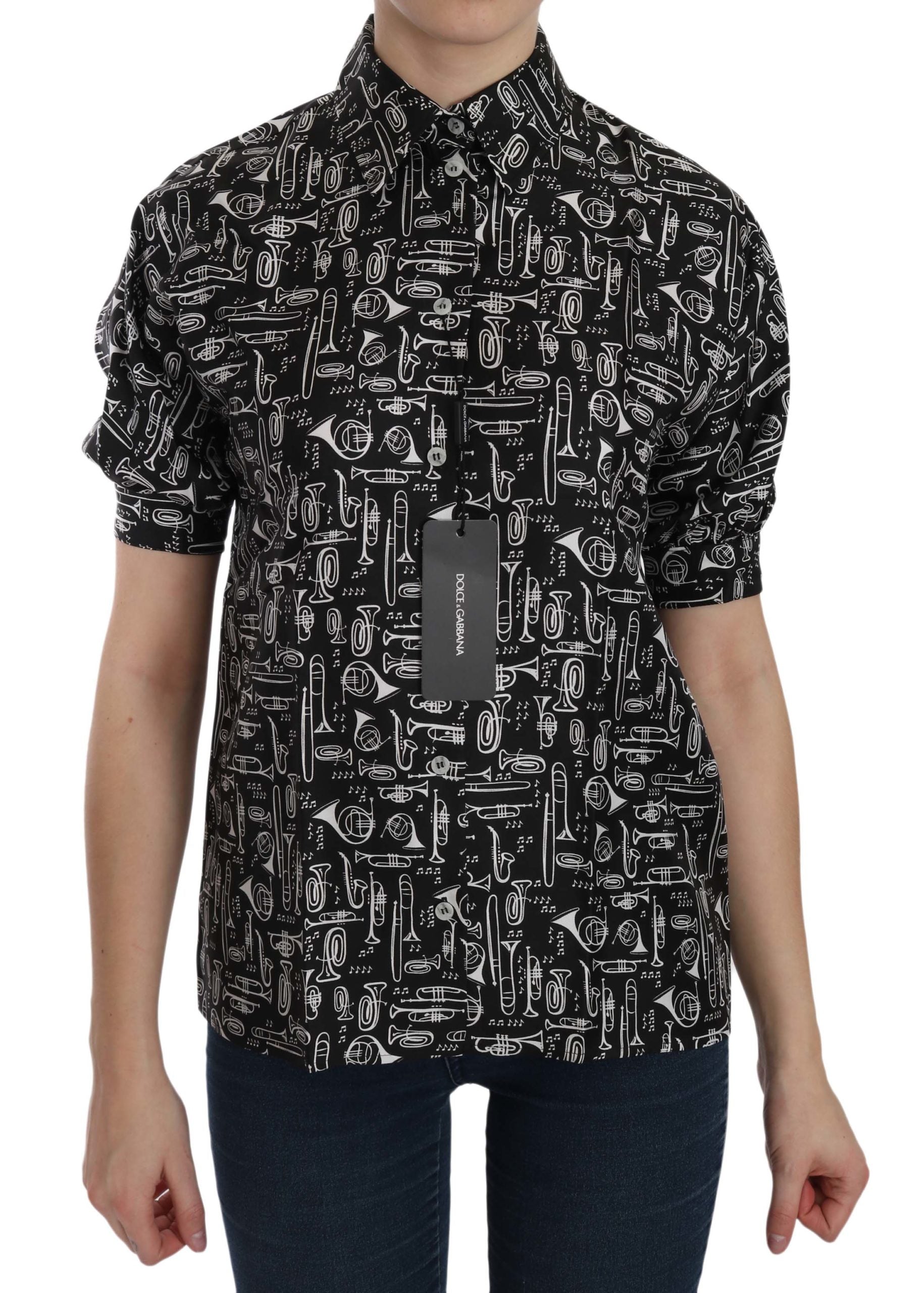 Dolce & Gabbana Black Musical Instrument Collared Blouse Women's Shirt