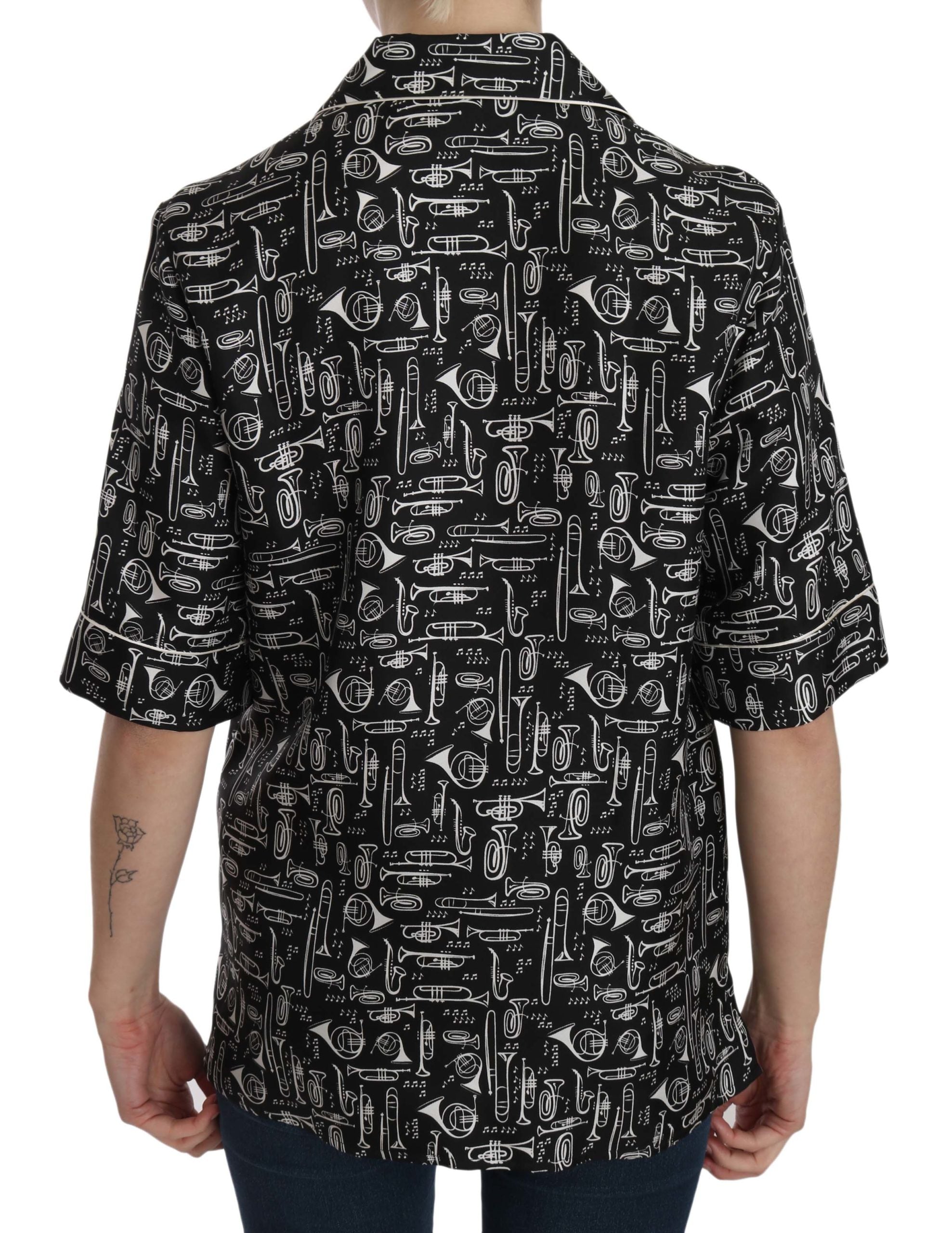 Dolce & Gabbana Black Musical Instrument Print Silk Women's Top