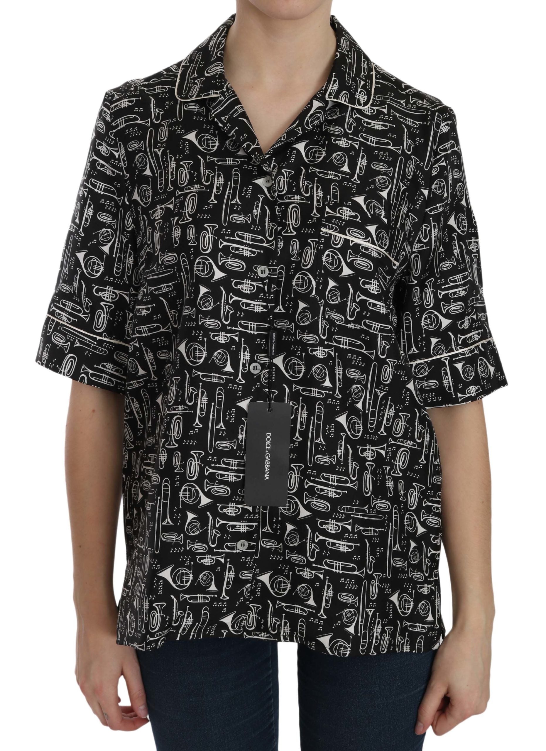 Dolce & Gabbana Black Musical Instrument Print Silk Women's Top