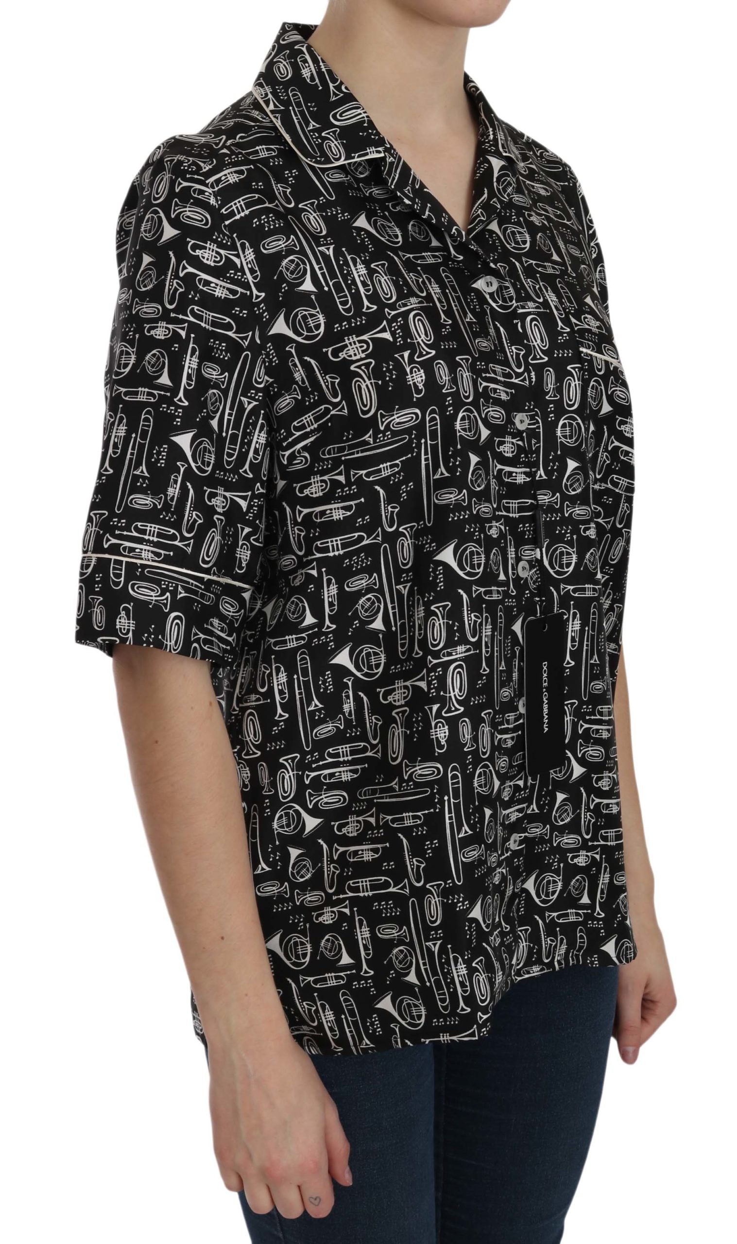 Dolce & Gabbana Black Musical Instrument Print Silk Women's Top