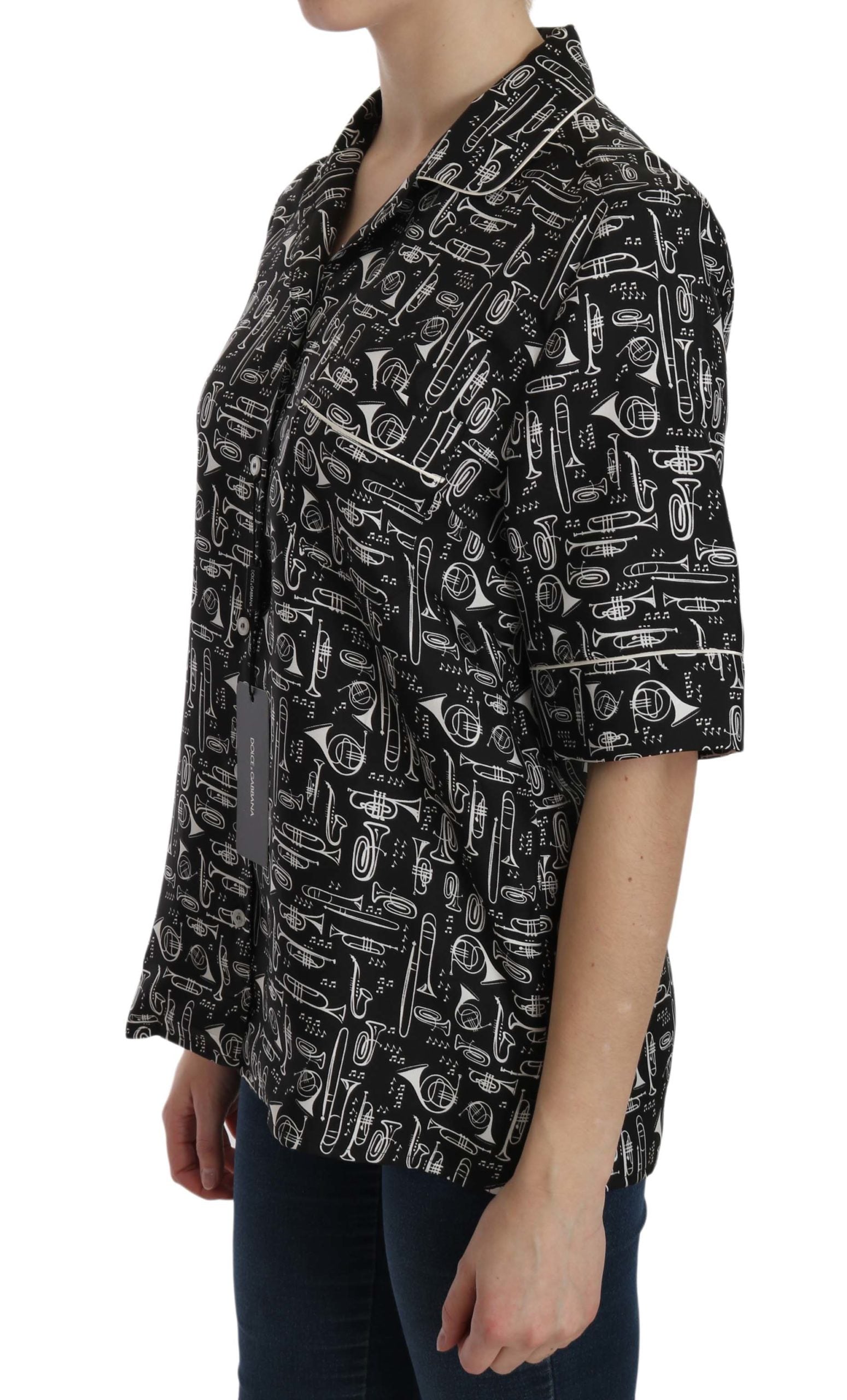 Dolce & Gabbana Black Musical Instrument Print Silk Women's Top