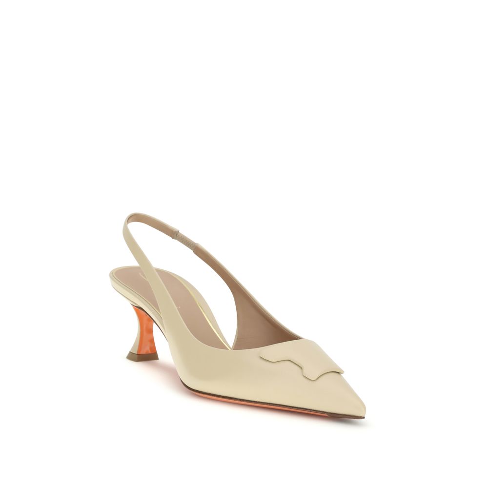 Santoni Beige Calf Leather Bos Taurus Mid Heel Women's Pumps