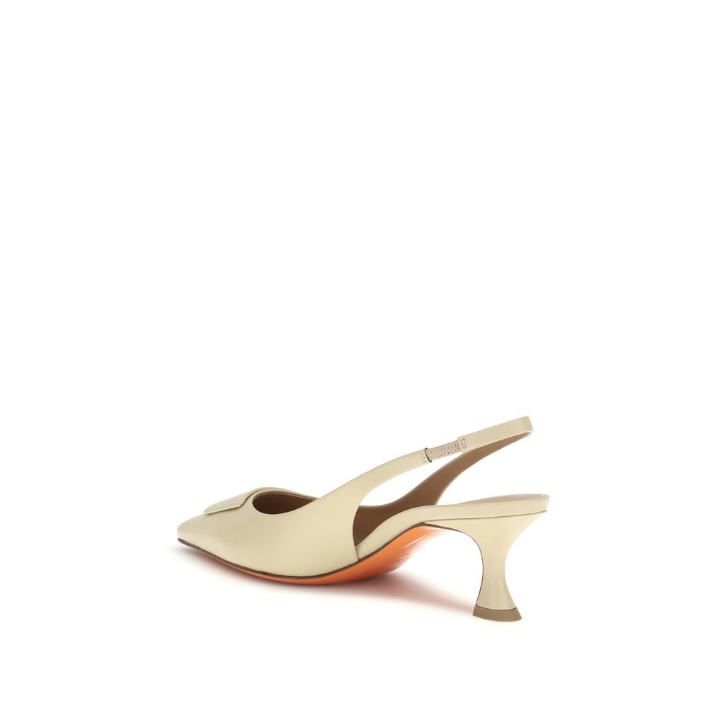 Santoni Beige Calf Leather Bos Taurus Mid Heel Women's Pumps
