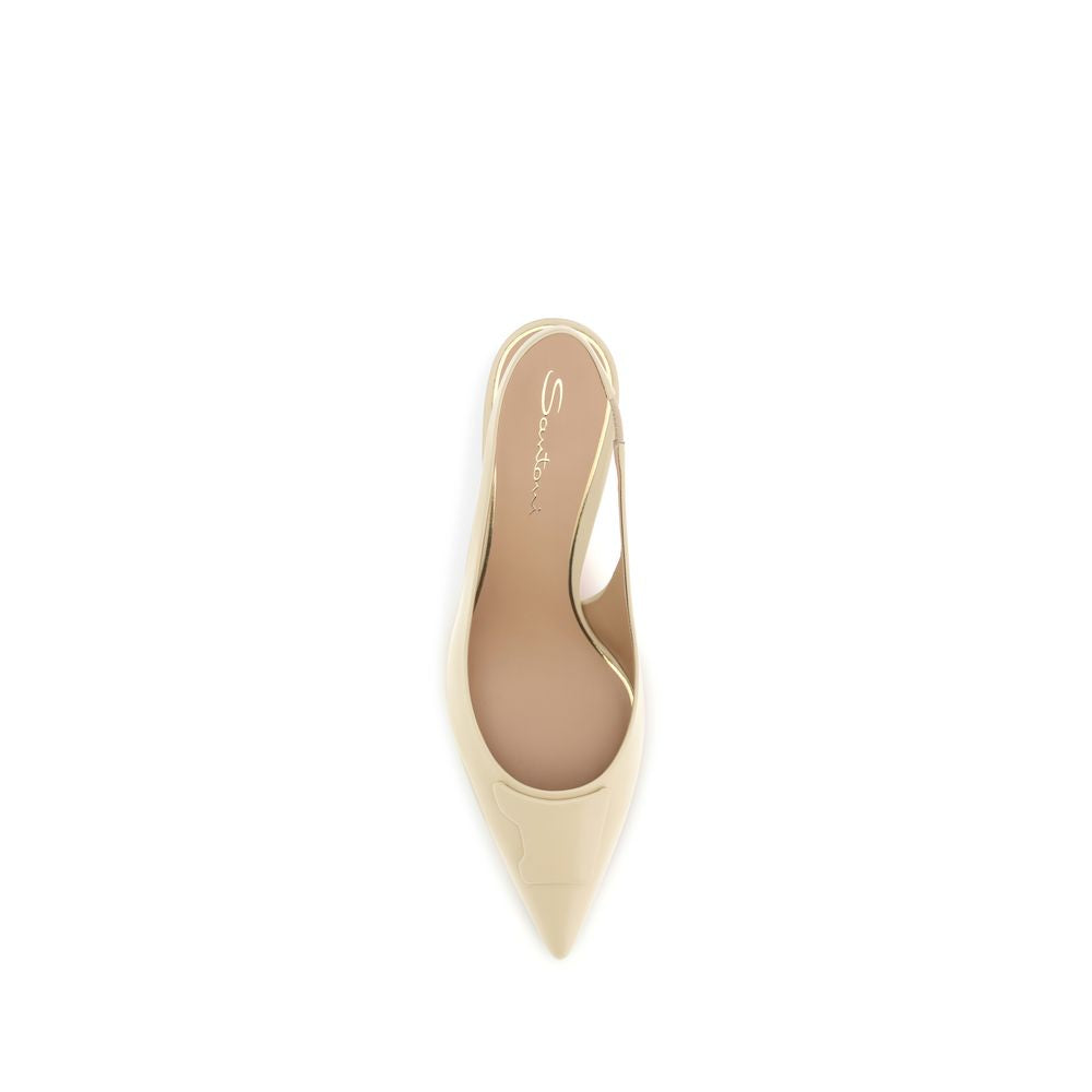 Santoni Beige Calf Leather Bos Taurus Mid Heel Women's Pumps