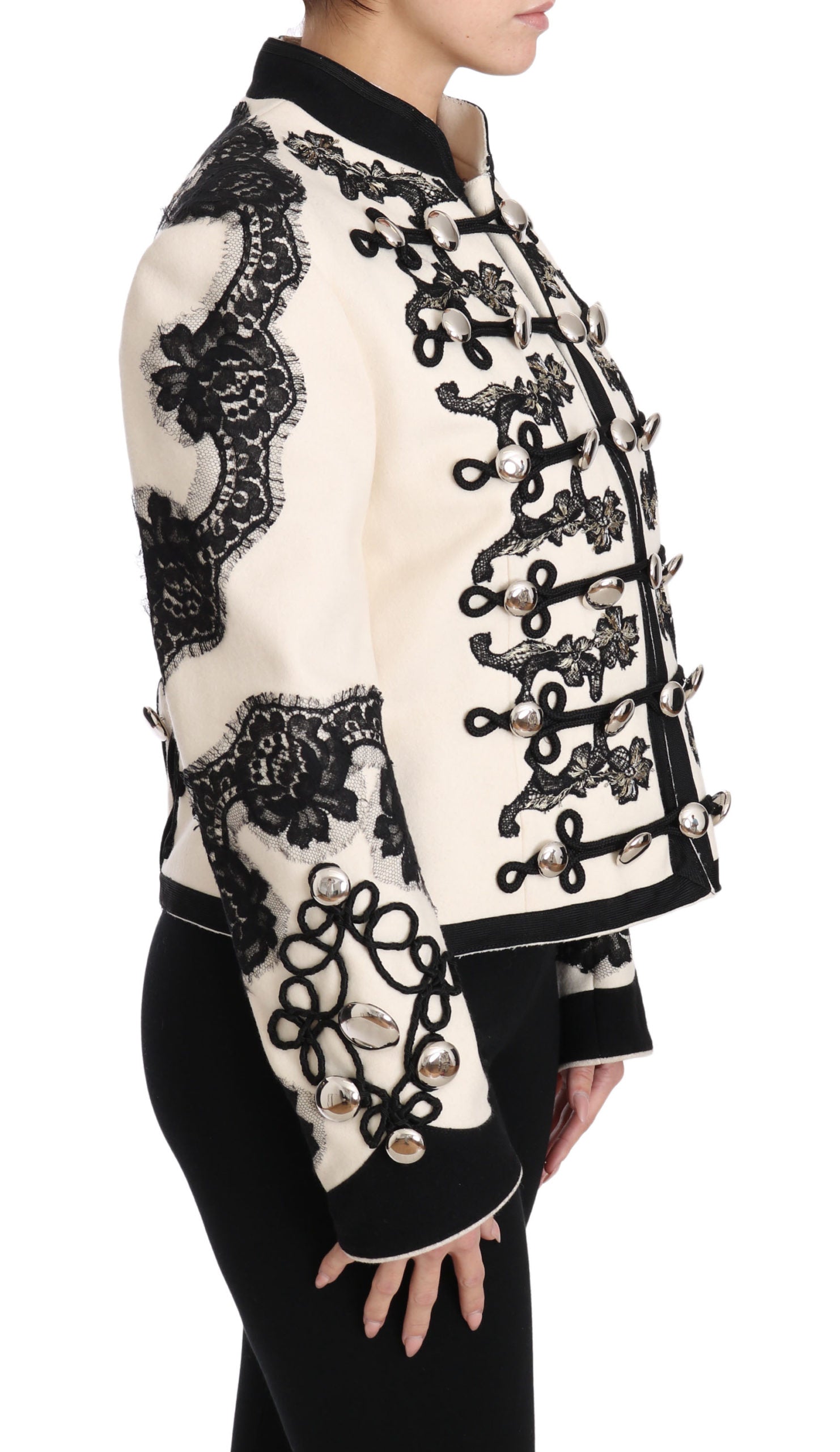 Dolce & Gabbana White Wool Black Floral Baroque Women's Jacket
