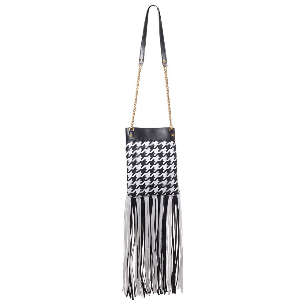 Versace Black And White Leather And Textile Shoulder Women's Bag