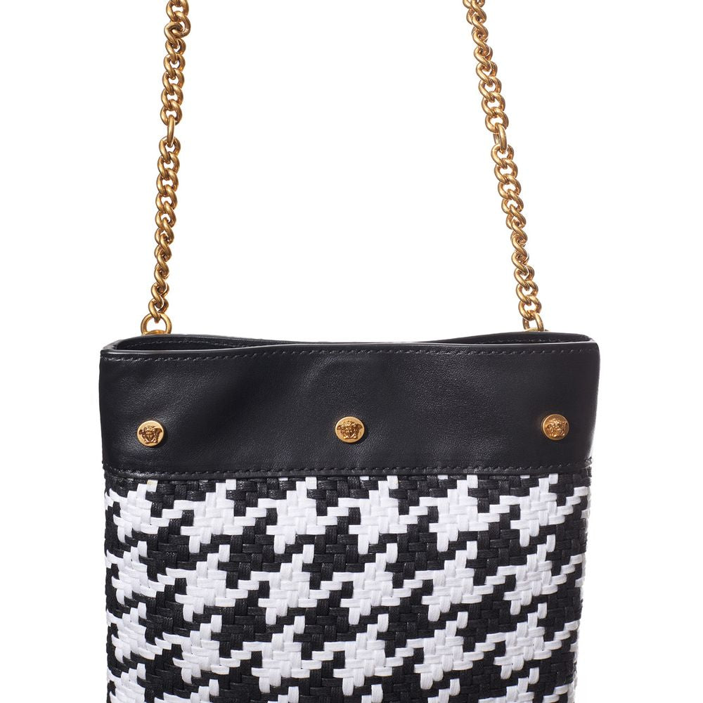 Versace Black And White Leather And Textile Shoulder Women's Bag
