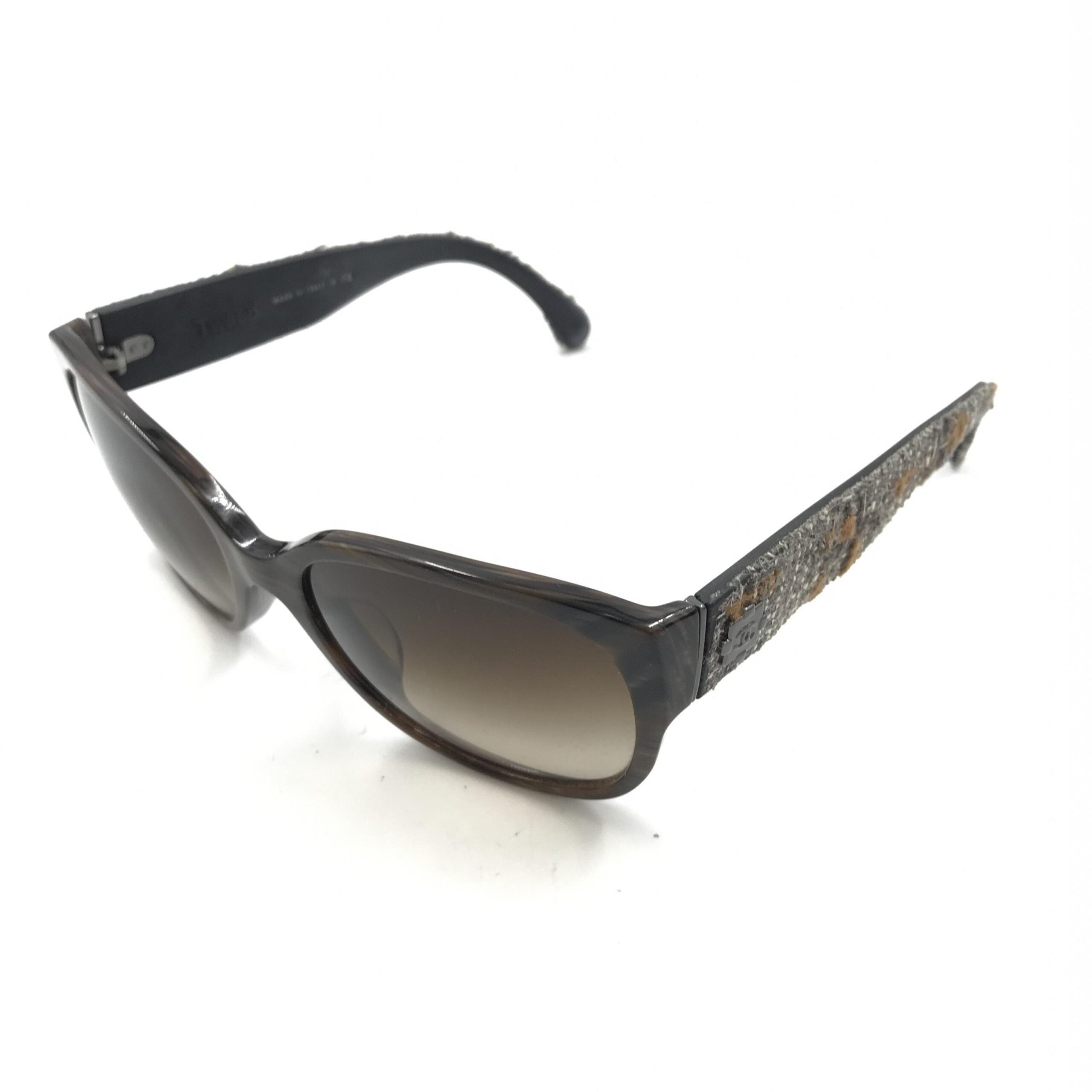 Chanel Brown Frame With Tweed Accents Women's Sunglasses (Pre-Owned)