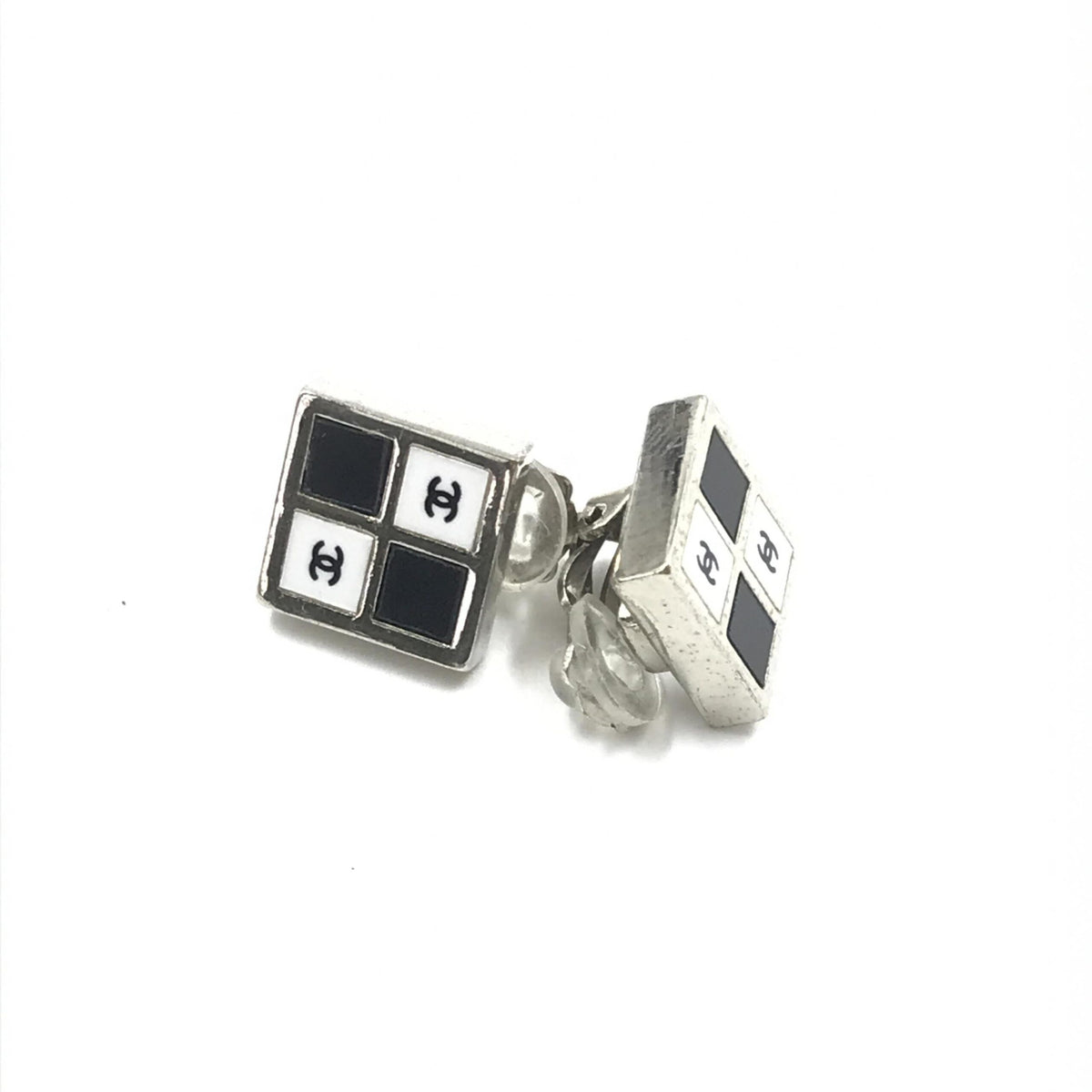 Chanel Coco Mark Earrings Women's Black/White/Silver (Pre-Owned)