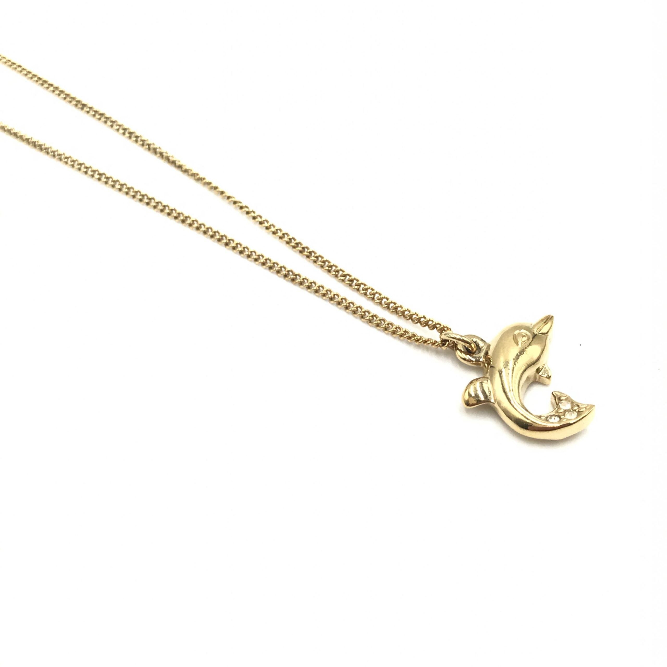 Christian Dior Dolphin Motif Rhinestone Gold Plated Women's Necklace (Pre-Owned)