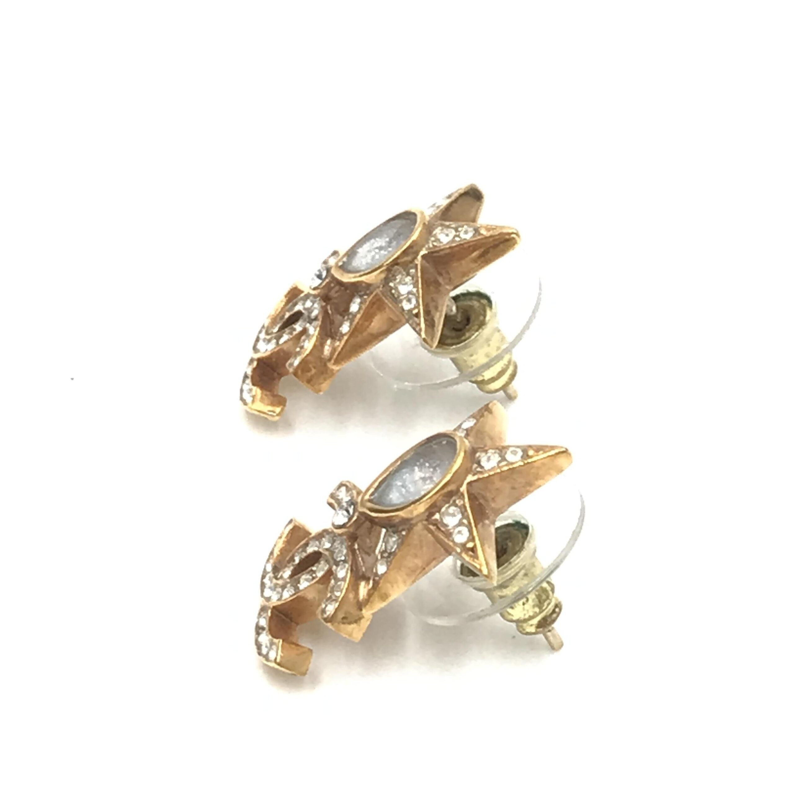Chanel Gold Plated Star Coco Mark Earrings With Women's Rhinestones (Pre-Owned)