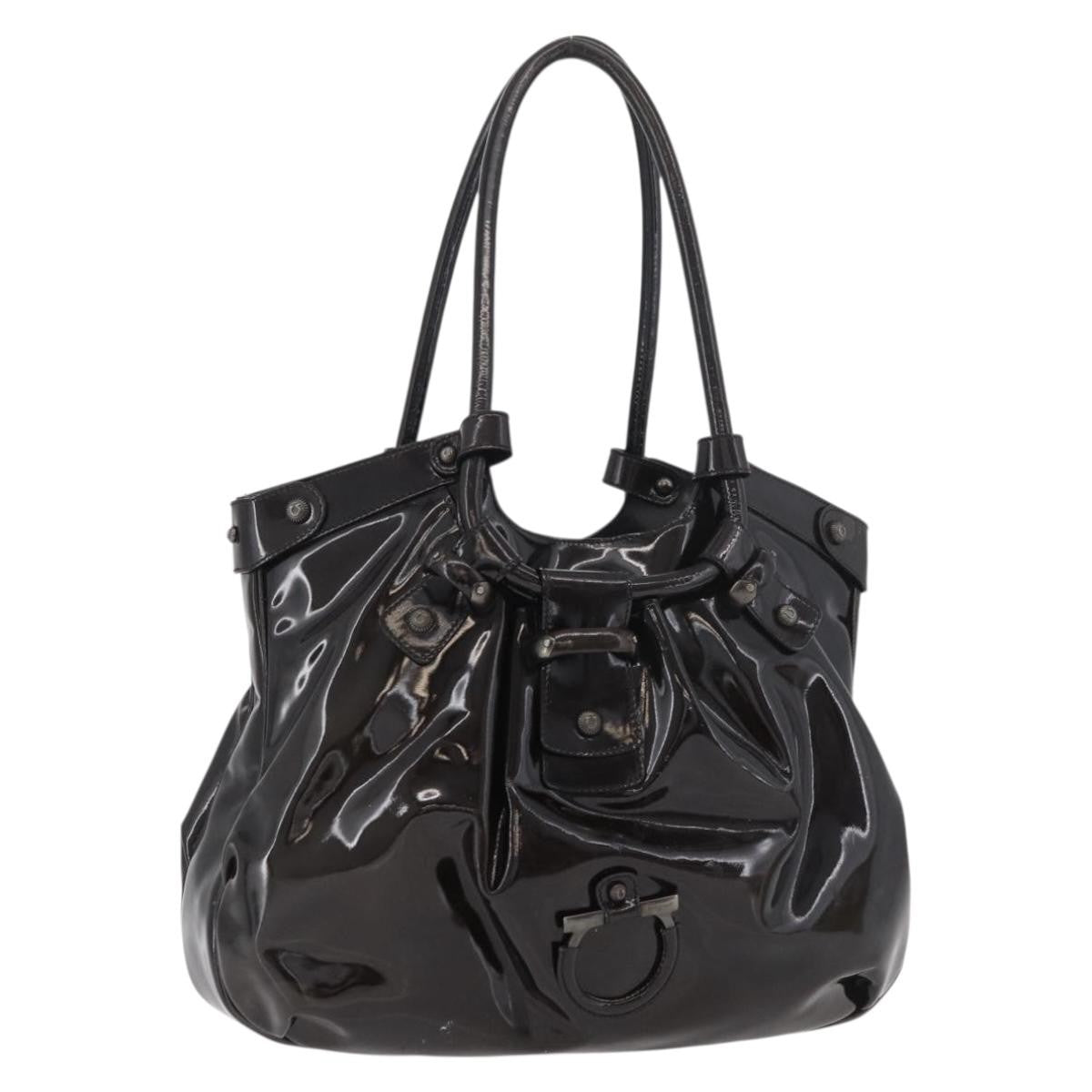 Salvatore Ferragamo Gancini Patent Leather Brown Patent_Leather Handbag (Pre-Owned)