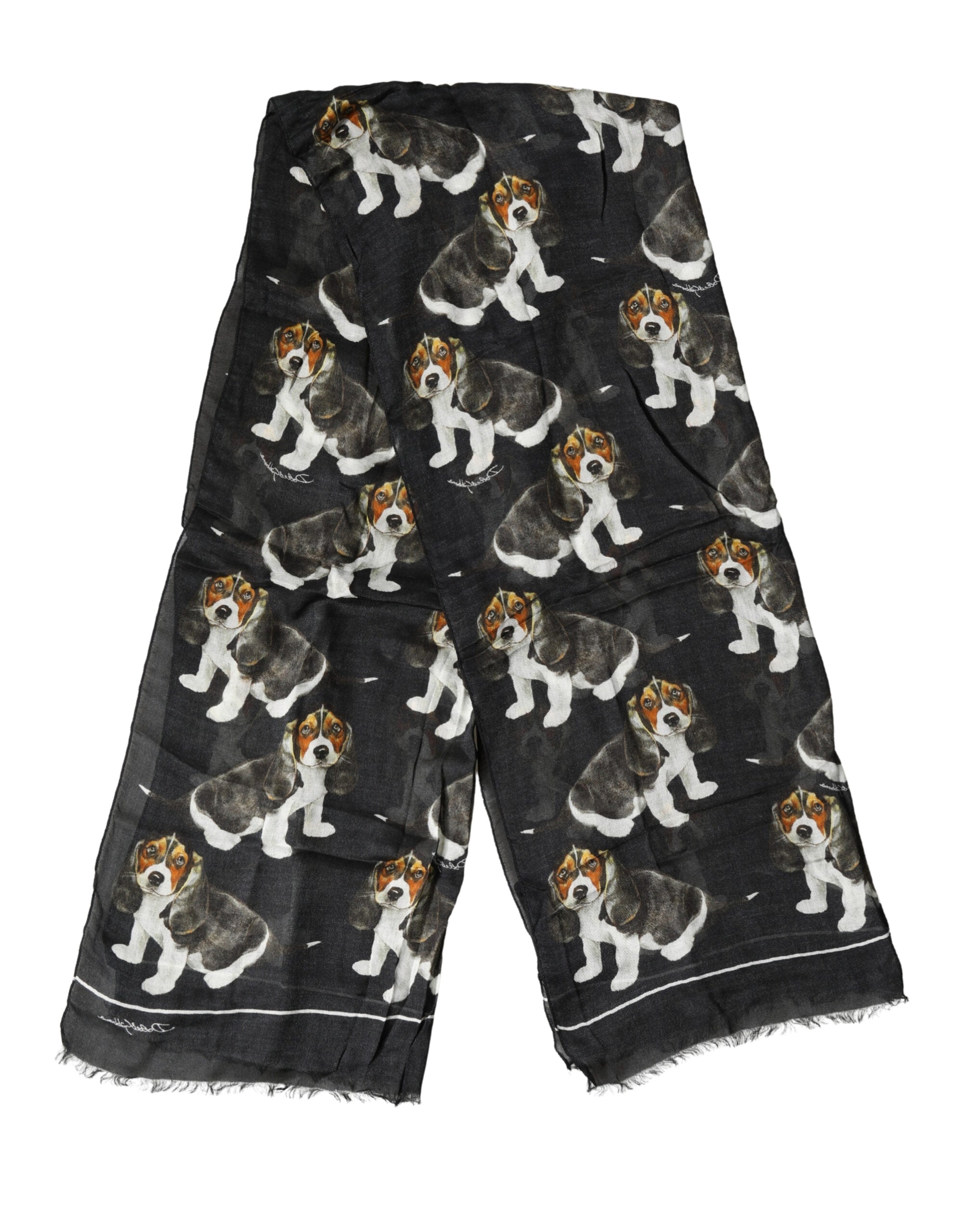 Dolce & Gabbana Black Modal Wool Dog Print Fringed 178cm x 64cm Men's Scarf (Pre-Owned)