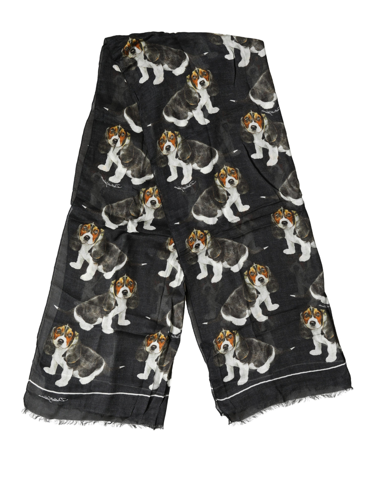 Dolce & Gabbana Black Modal Wool Dog Print Fringed 178cm x 64cm Men's Scarf (Pre-Owned)