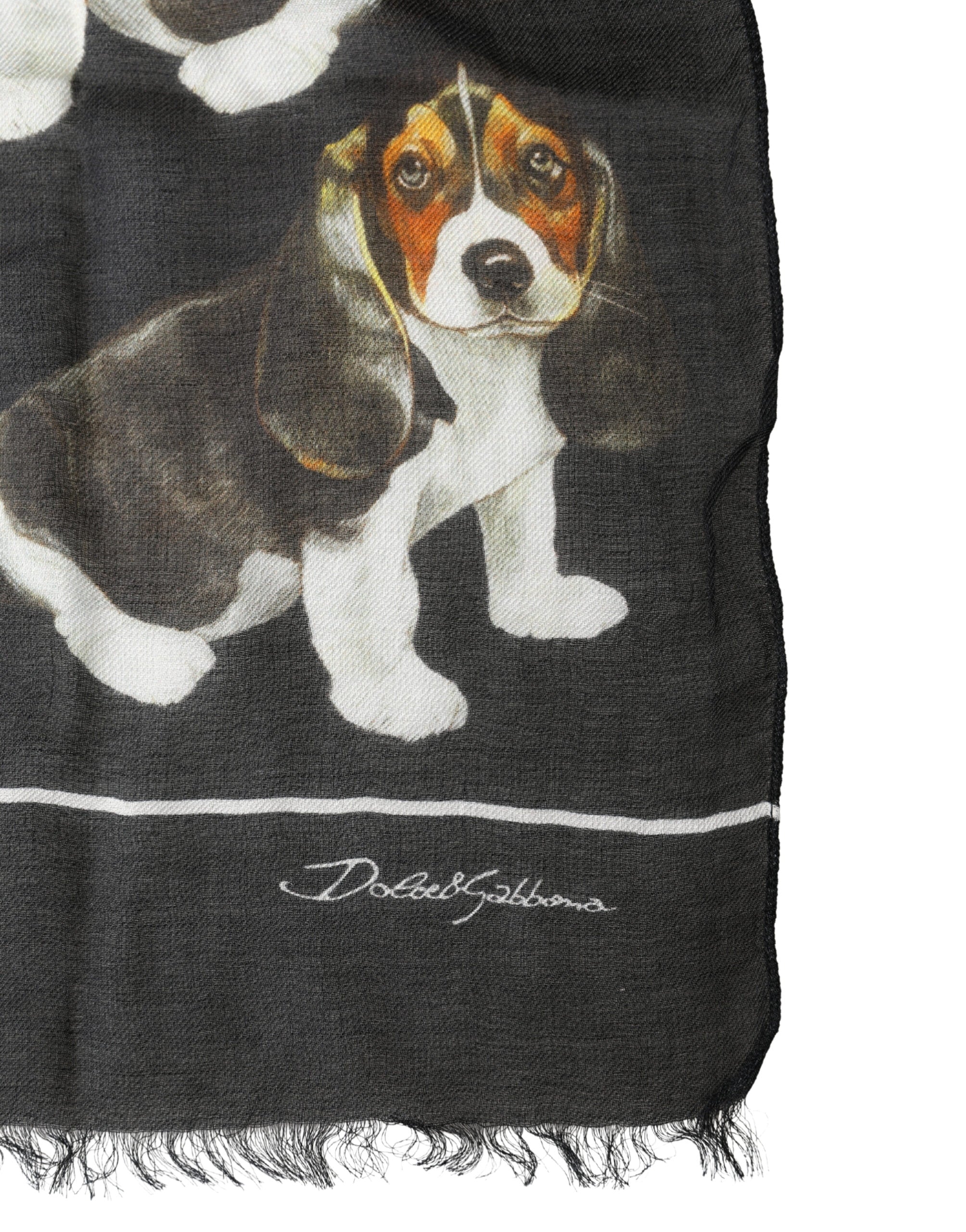 Dolce & Gabbana Black Modal Wool Dog Print Fringed 178cm x 64cm Men's Scarf (Pre-Owned)
