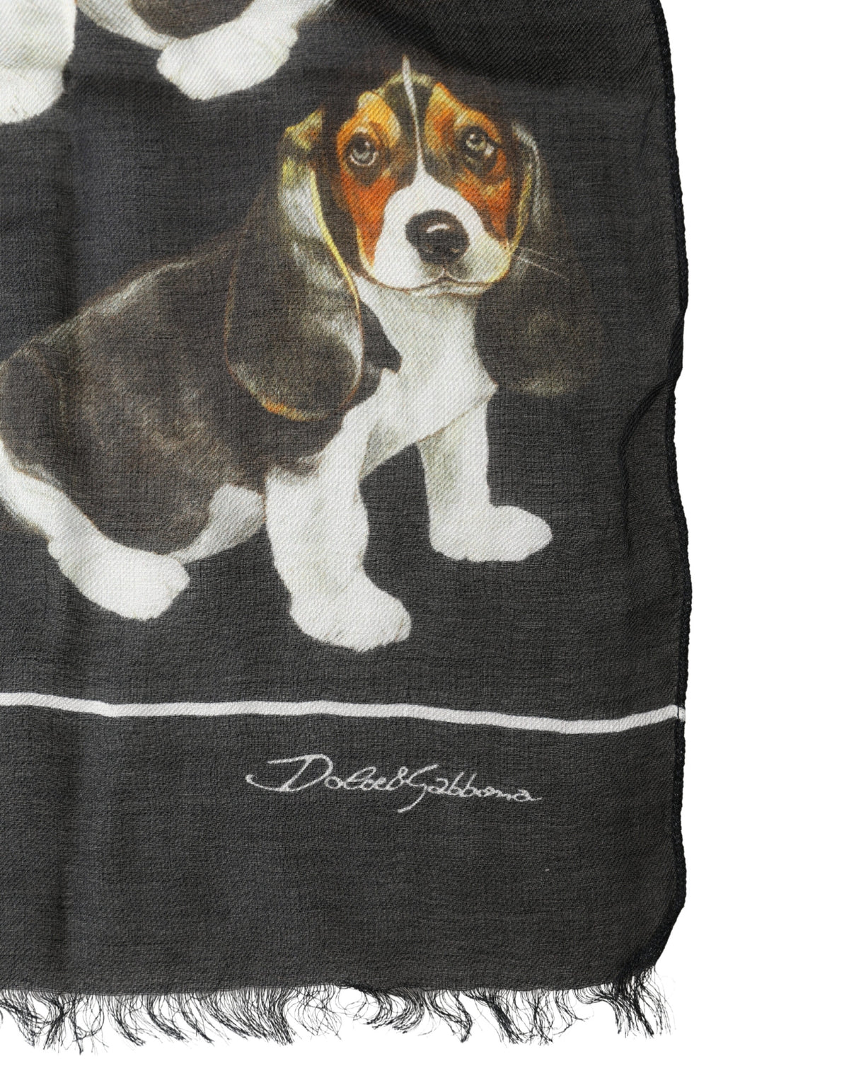 Dolce & Gabbana Black Modal Wool Dog Print Fringed 178cm x 64cm Men's Scarf (Pre-Owned)