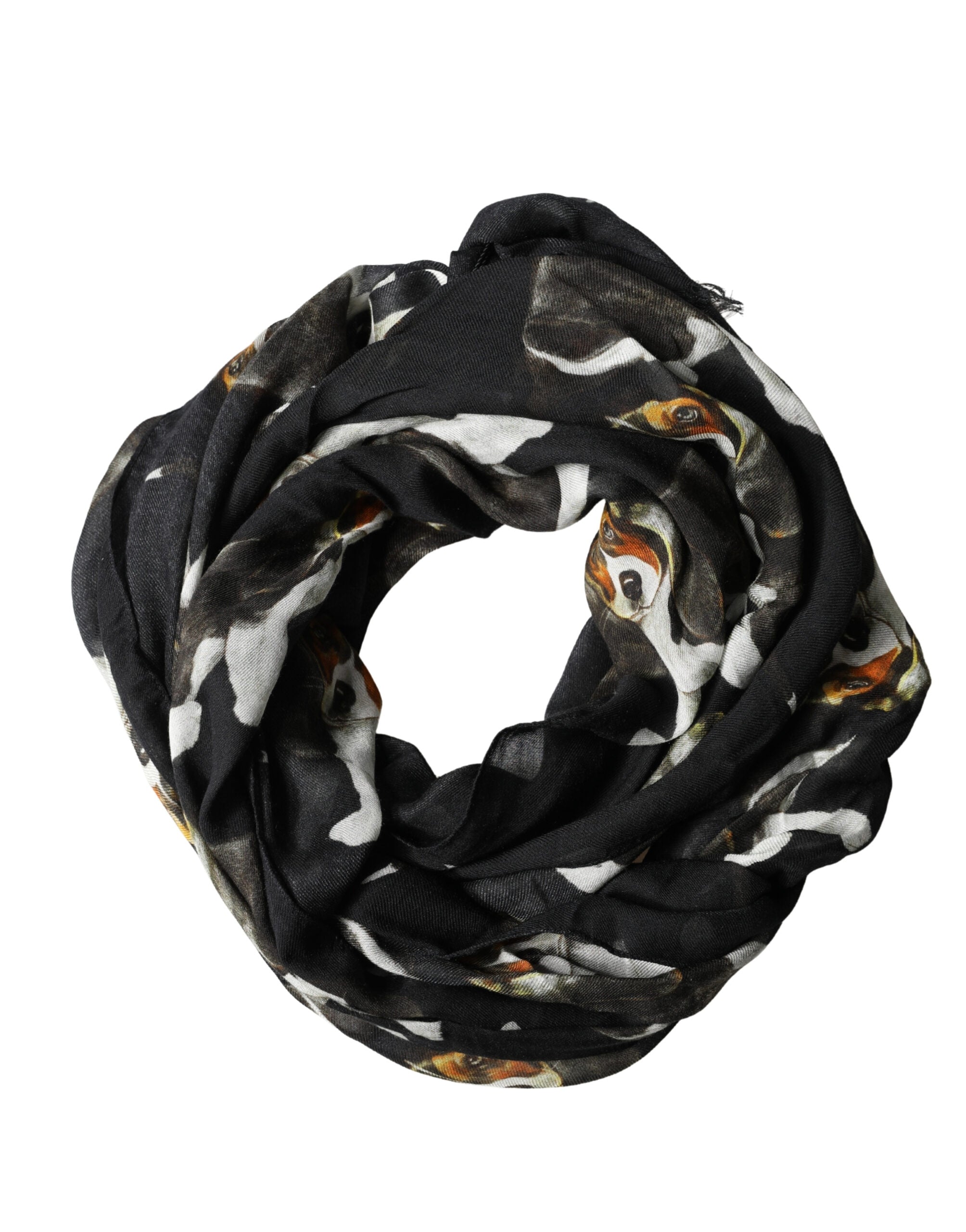 Dolce & Gabbana Black Modal Wool Dog Print Fringed 178cm x 64cm Men's Scarf (Pre-Owned)
