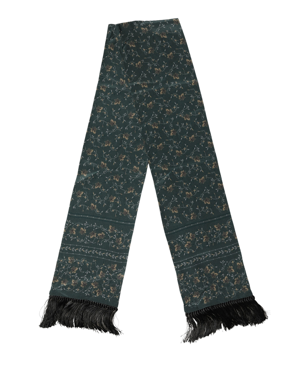 Dolce & Gabbana Green Silk Floral Pattern Fringed 135cm X 16cm Men's Scarf