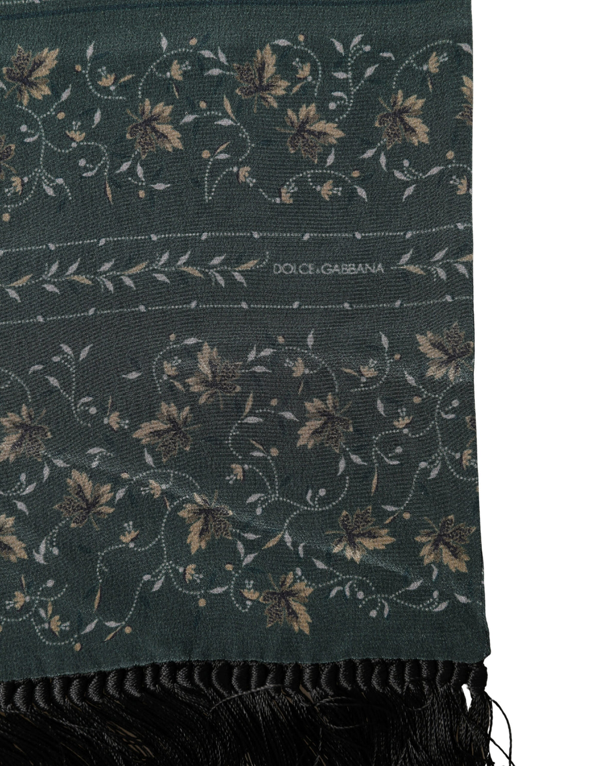 Dolce & Gabbana Green Silk Floral Pattern Fringed 135cm X 16cm Men's Scarf