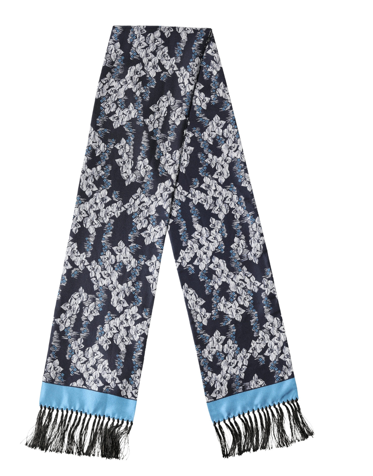 Dolce & Gabbana Black Blue Silk Floral Pattern Fringe 140cm x 16cm Men's Scarf (Pre-Owned)