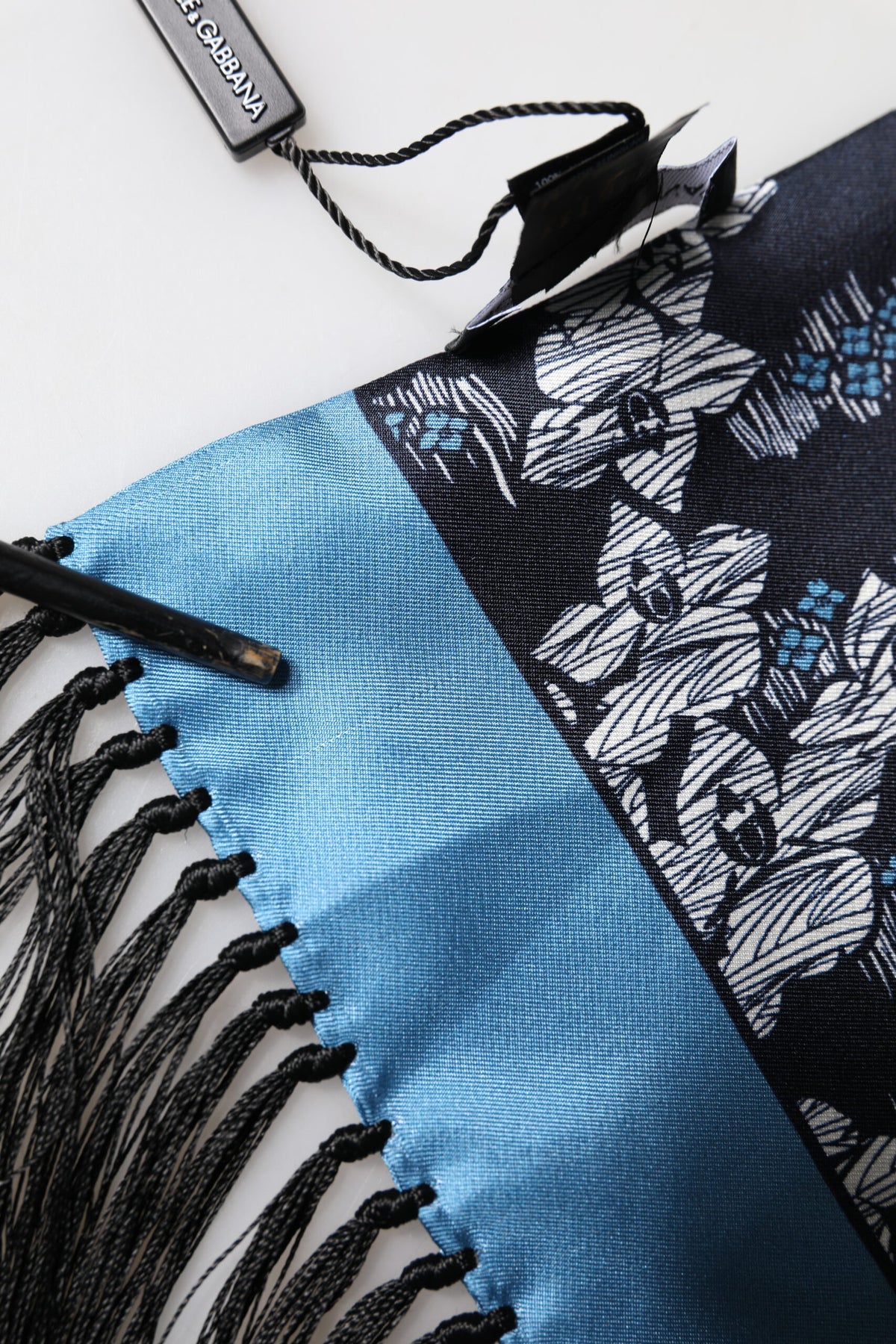 Dolce & Gabbana Black Blue Silk Floral Pattern Fringe 140cm x 16cm Men's Scarf (Pre-Owned)