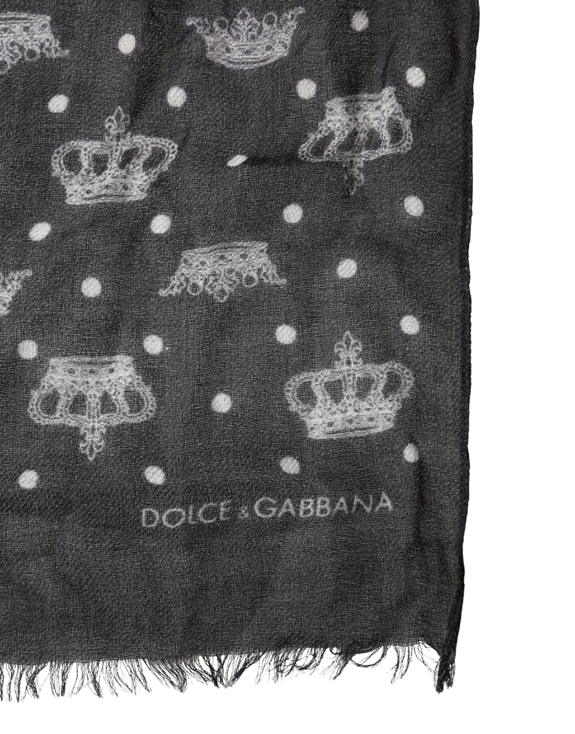 Dolce & Gabbana Black Wool Crown Print Fringe Neck Wrap 180cm x 65cm Men's Scarf (Pre-Owned)
