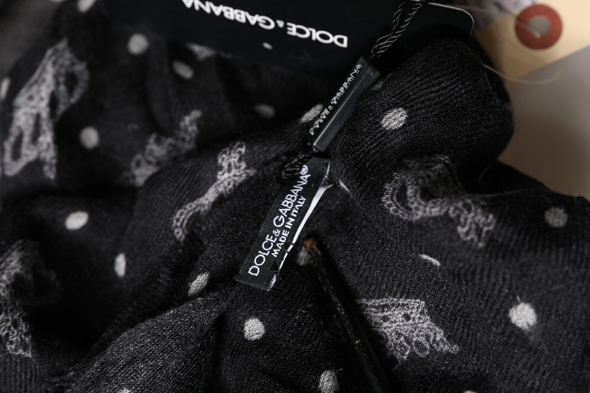 Dolce & Gabbana Black Wool Crown Print Fringe Neck Wrap 180cm x 65cm Men's Scarf (Pre-Owned)