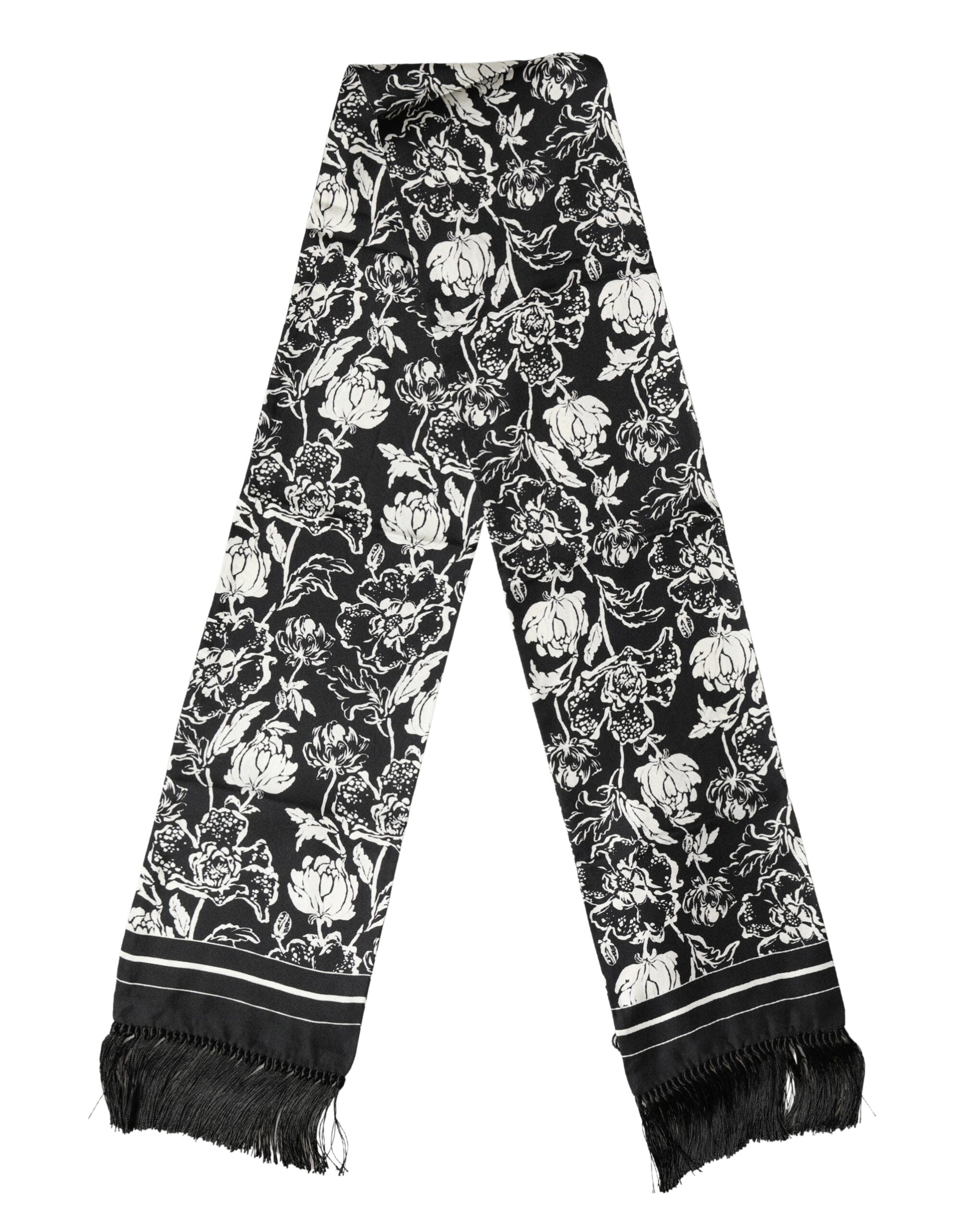 Dolce & Gabbana Black White Silk Floral Print Fringe 136cm X 15.5cm Men's Scarf