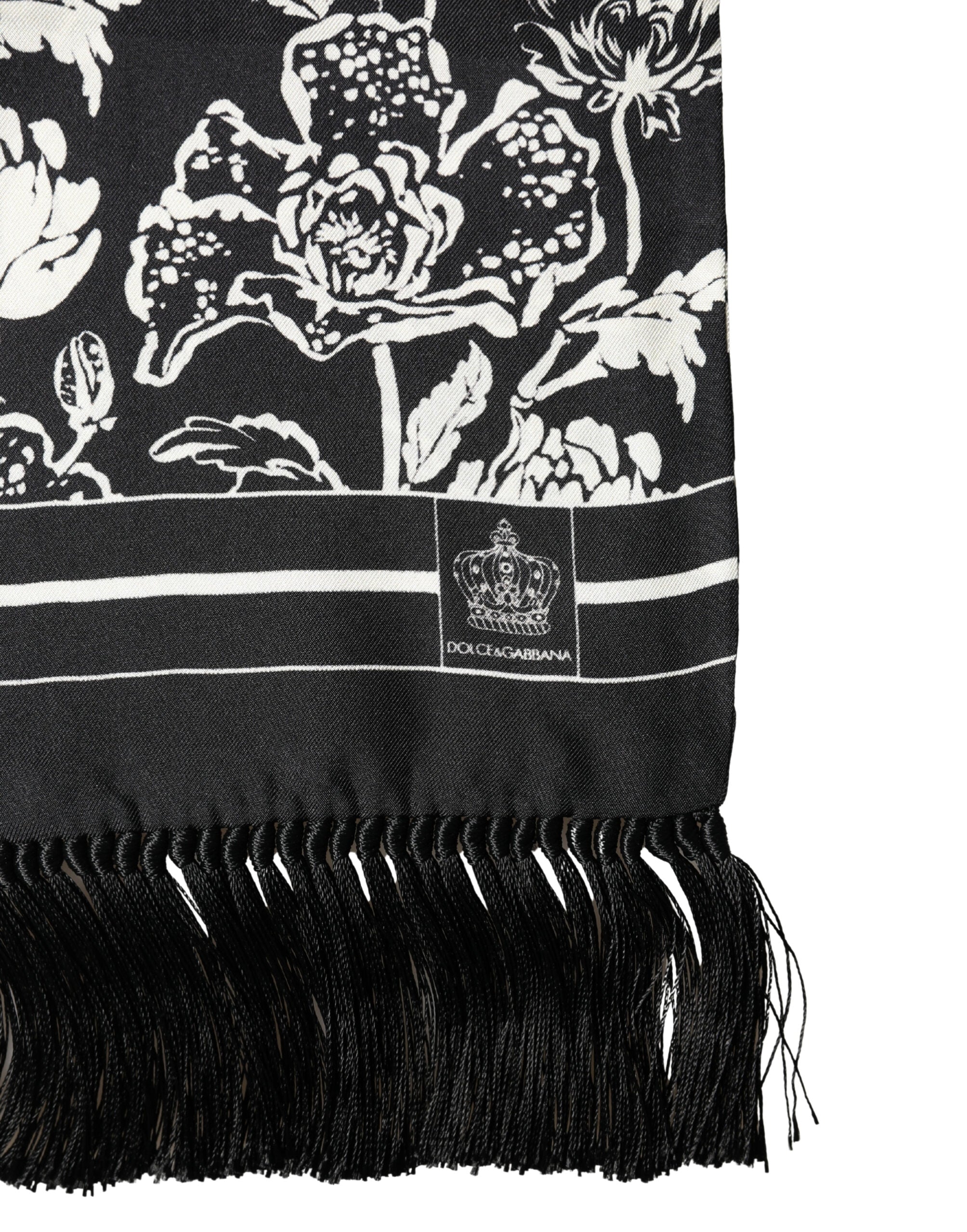 Dolce & Gabbana Black White Silk Floral Print Fringe 136cm X 15.5cm Men's Scarf