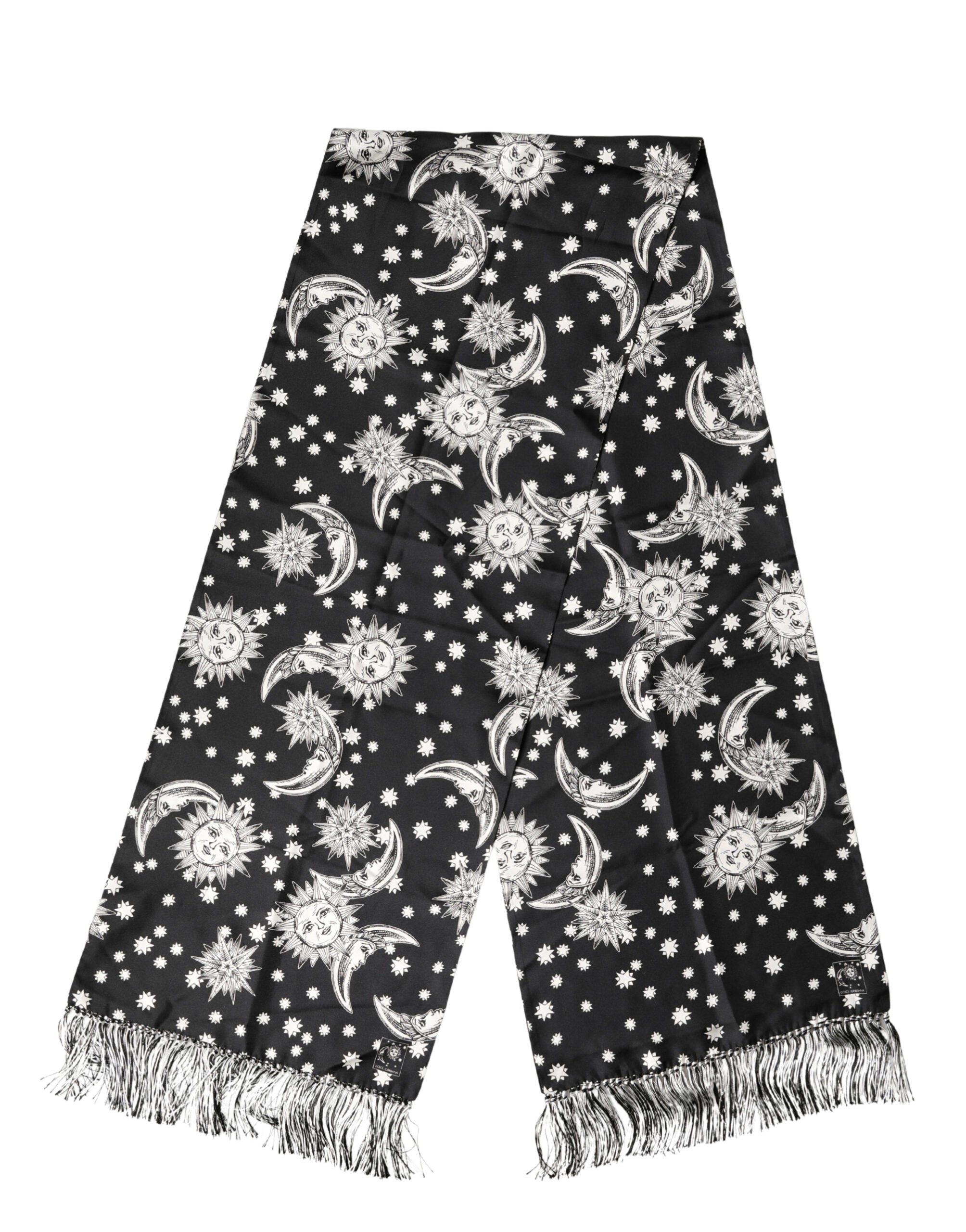Dolce & Gabbana Black Silk Sun Moon Star Fringe Foulard 178cm X 33cm Men's Scarf