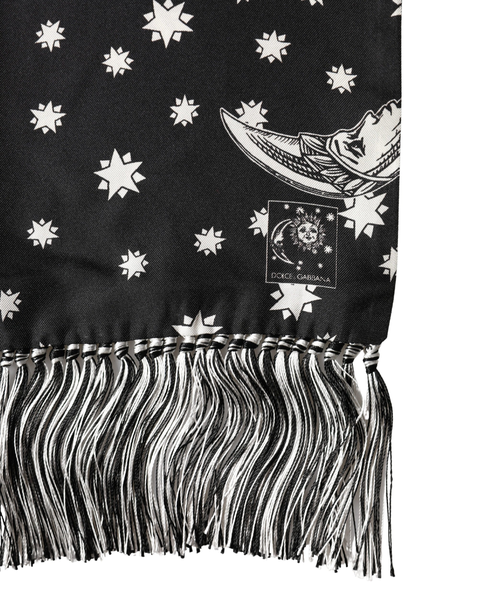 Dolce & Gabbana Black Silk Sun Moon Star Fringe Foulard 178cm X 33cm Men's Scarf
