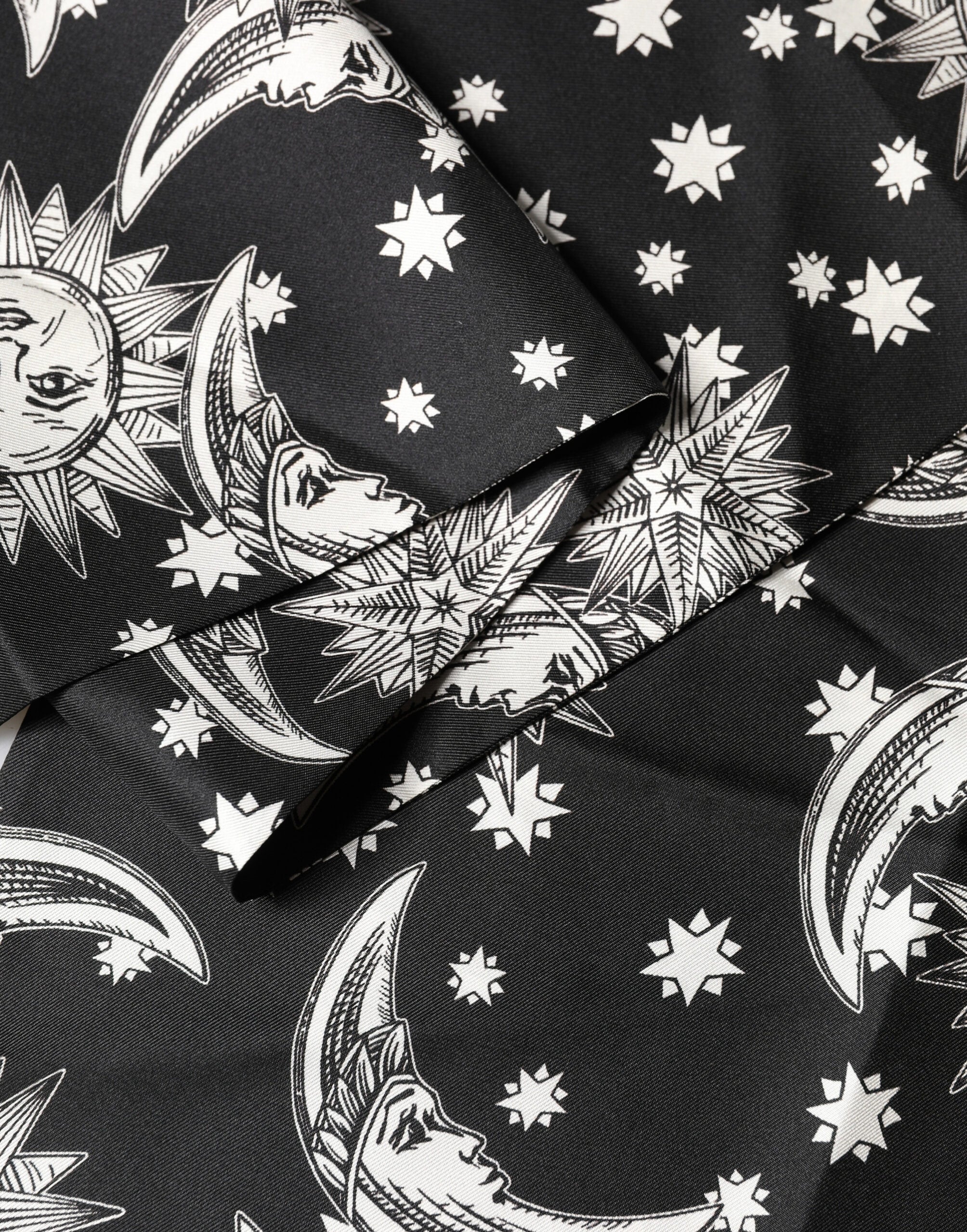 Dolce & Gabbana Black Silk Sun Moon Star Fringe Foulard 178cm X 33cm Men's Scarf