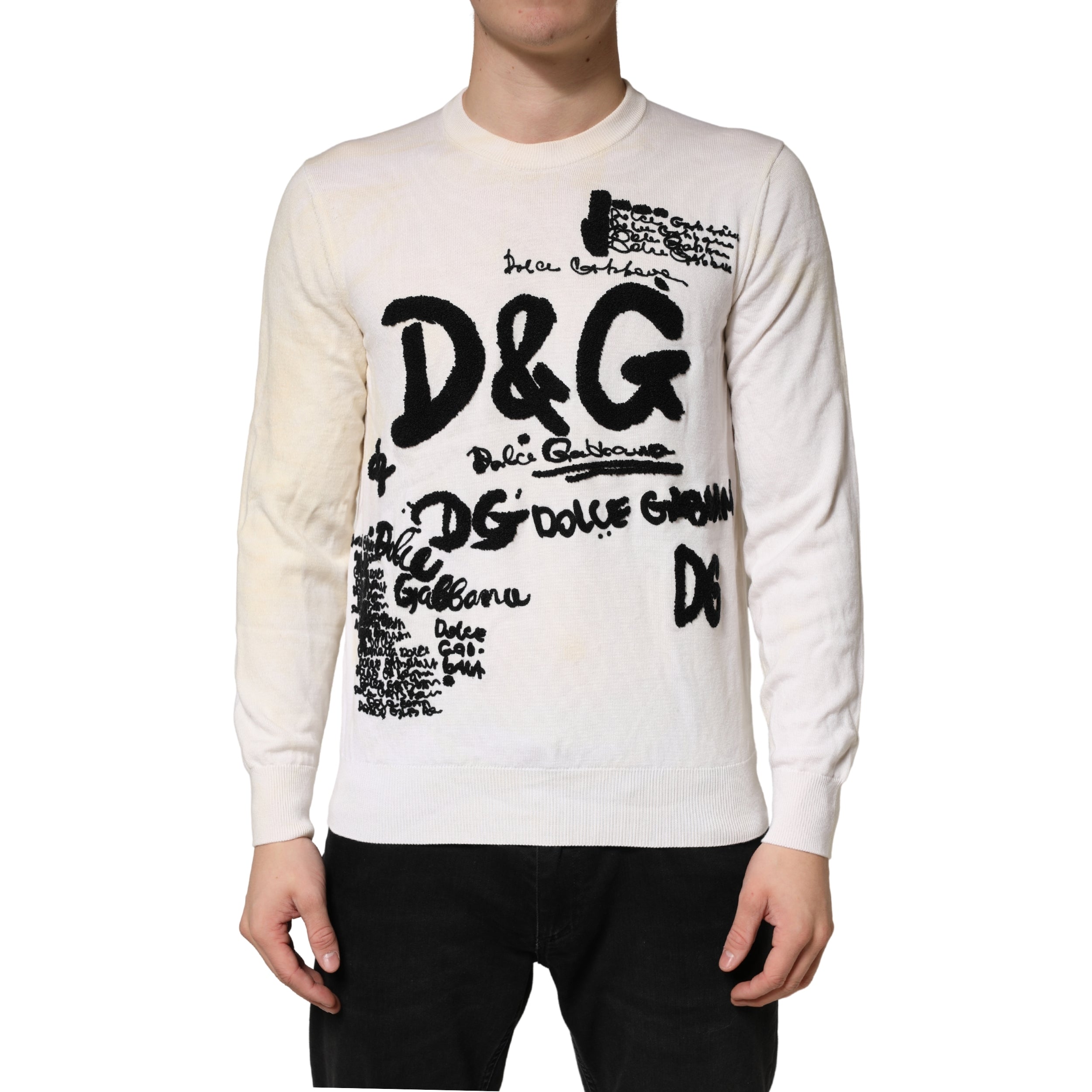 Dolce & Gabbana White Virgin Wool Graphic Logo Crewneck Men's Sweater