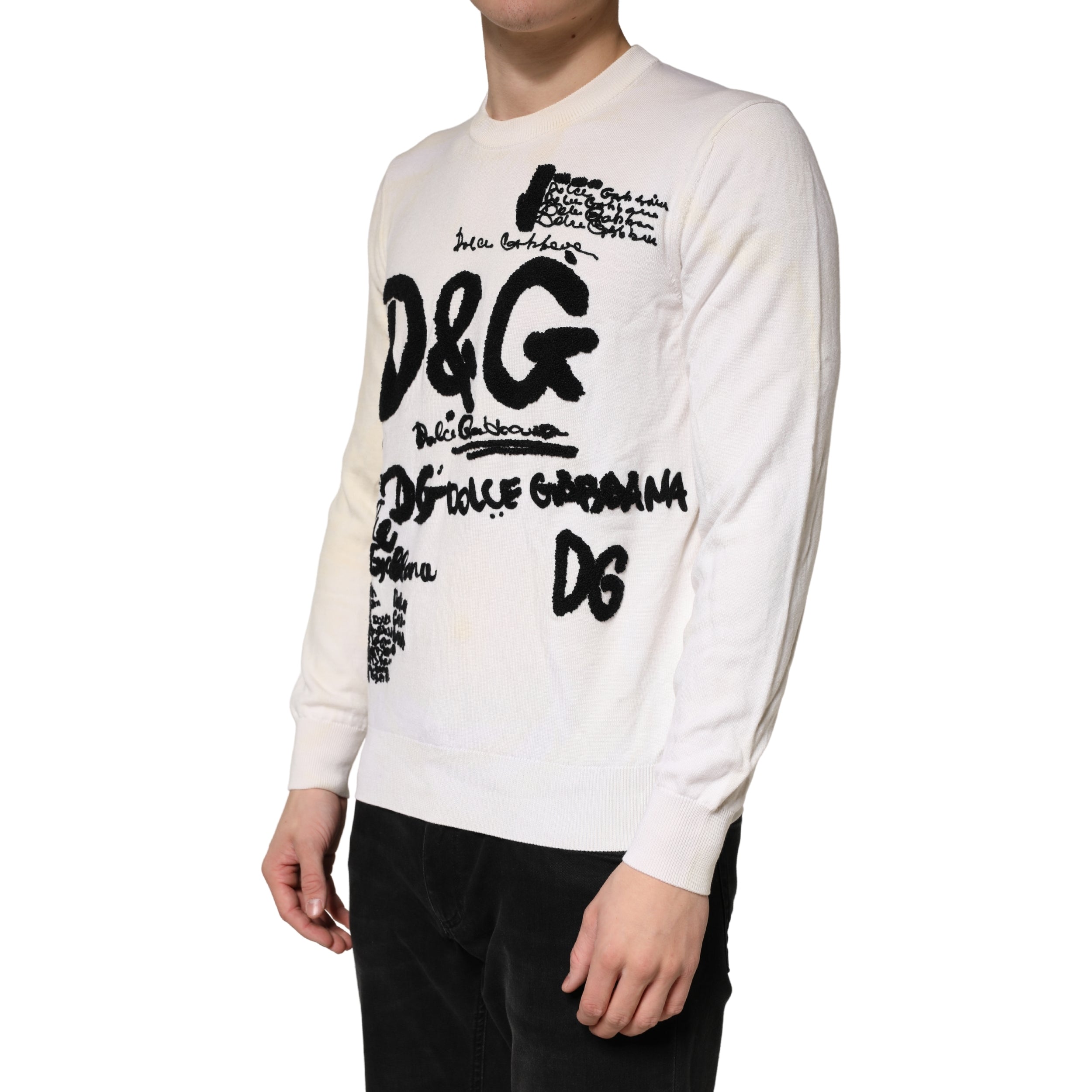 Dolce & Gabbana White Virgin Wool Graphic Logo Crewneck Men's Sweater
