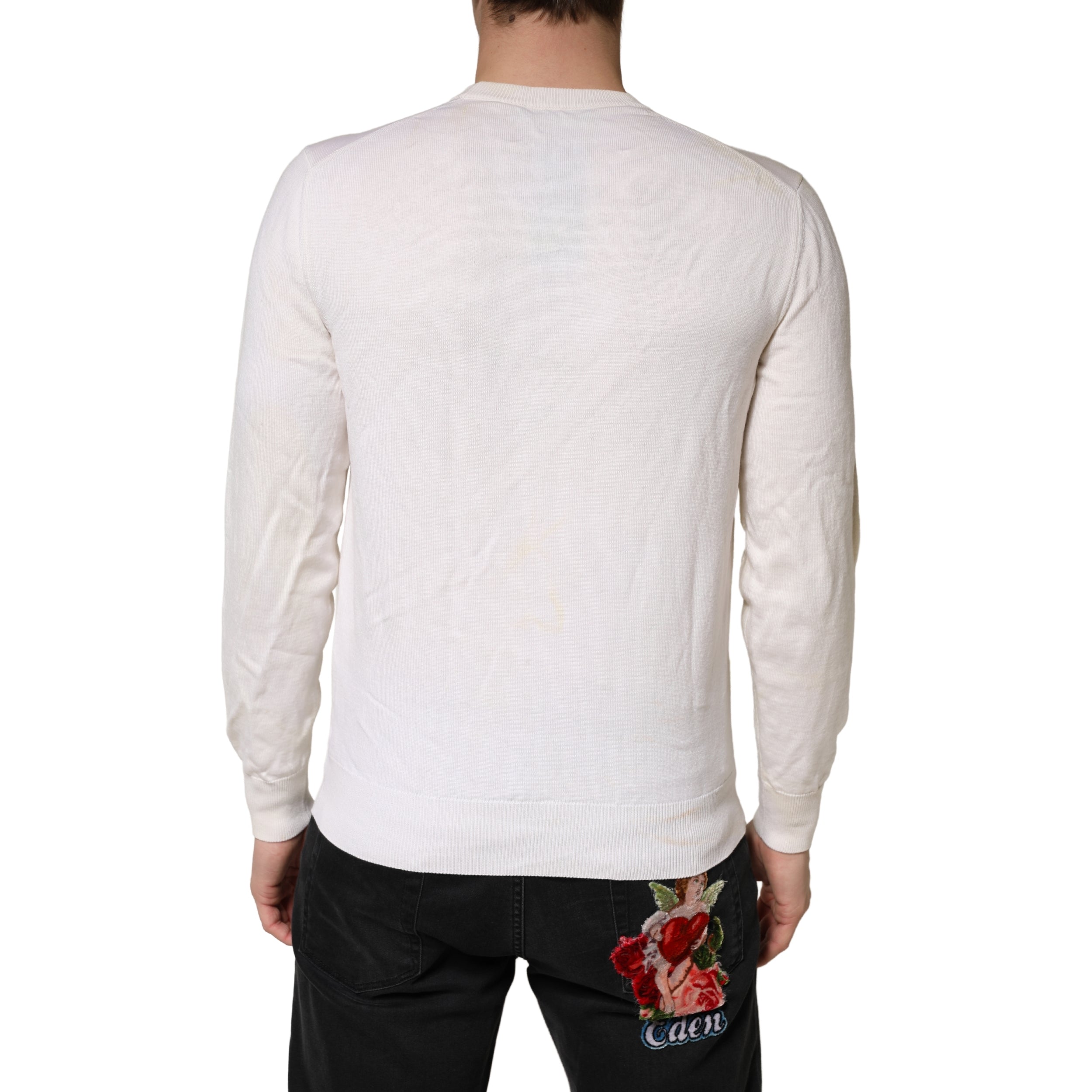 Dolce & Gabbana White Virgin Wool Graphic Logo Crewneck Men's Sweater