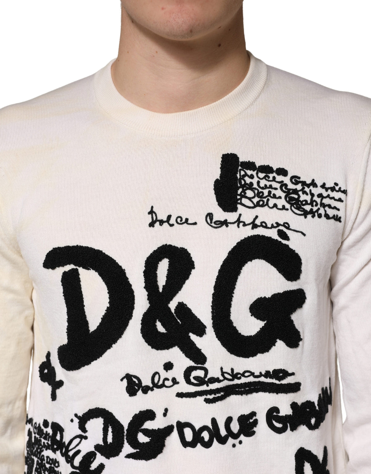 Dolce & Gabbana White Virgin Wool Graphic Logo Crewneck Men's Sweater