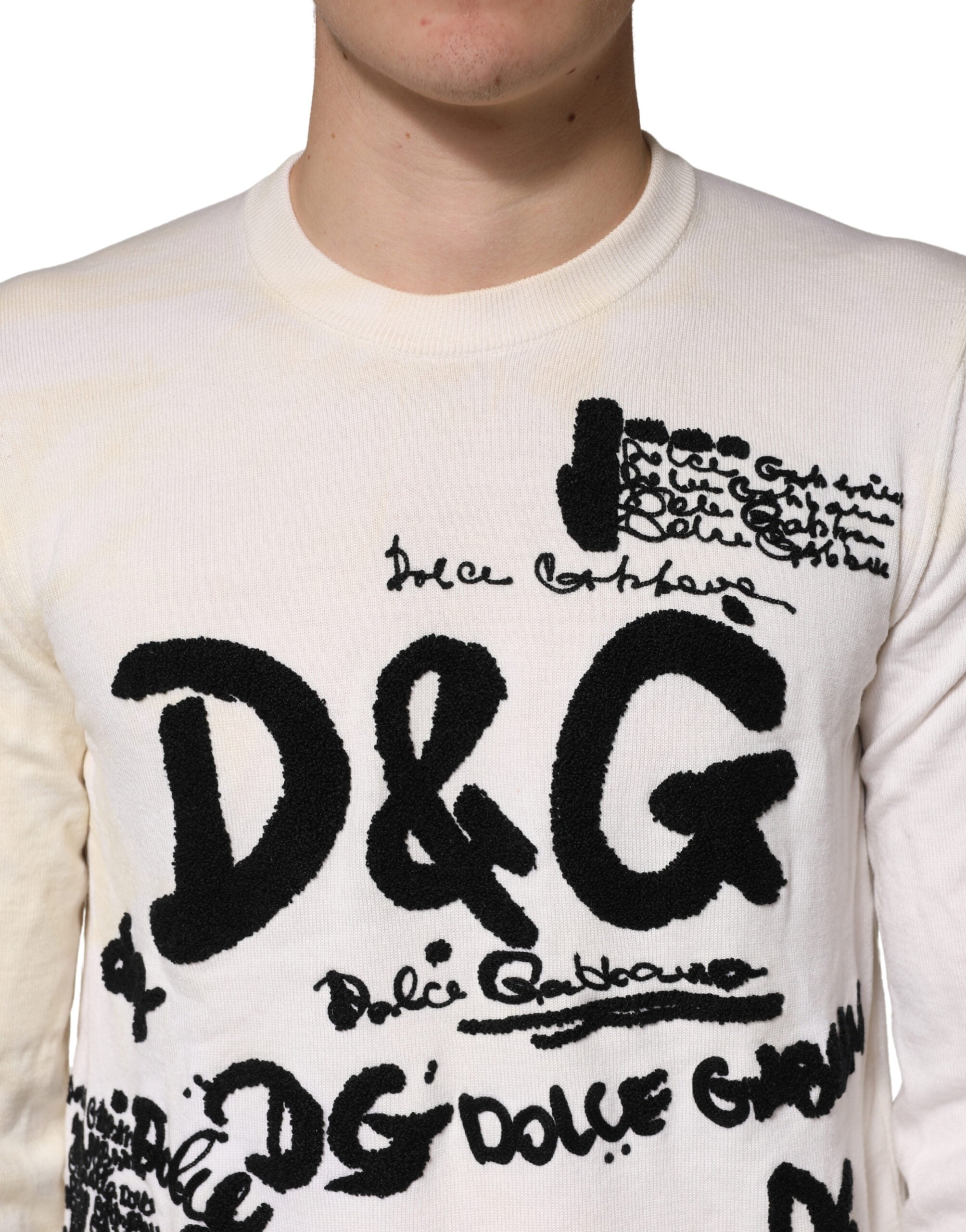 Dolce & Gabbana White Virgin Wool Graphic Logo Crewneck Men's Sweater