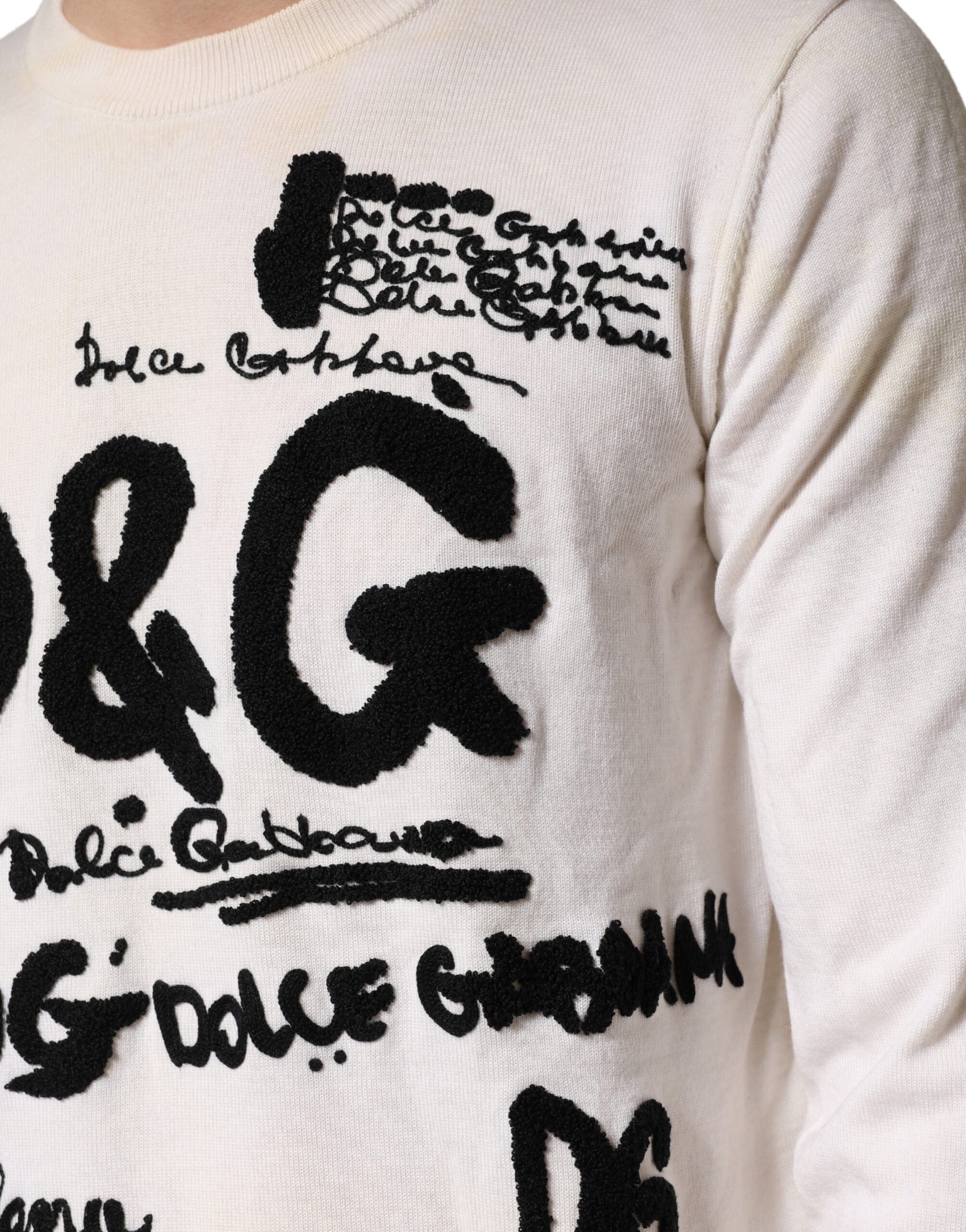 Dolce & Gabbana White Virgin Wool Graphic Logo Crewneck Men's Sweater