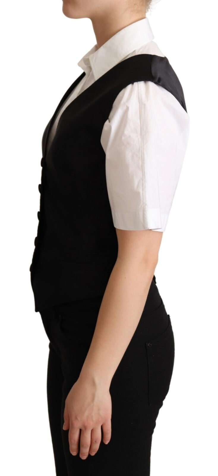 Dolce & Gabbana Solid Black Silk Sleeveless Waistcoat Vest Women's Top