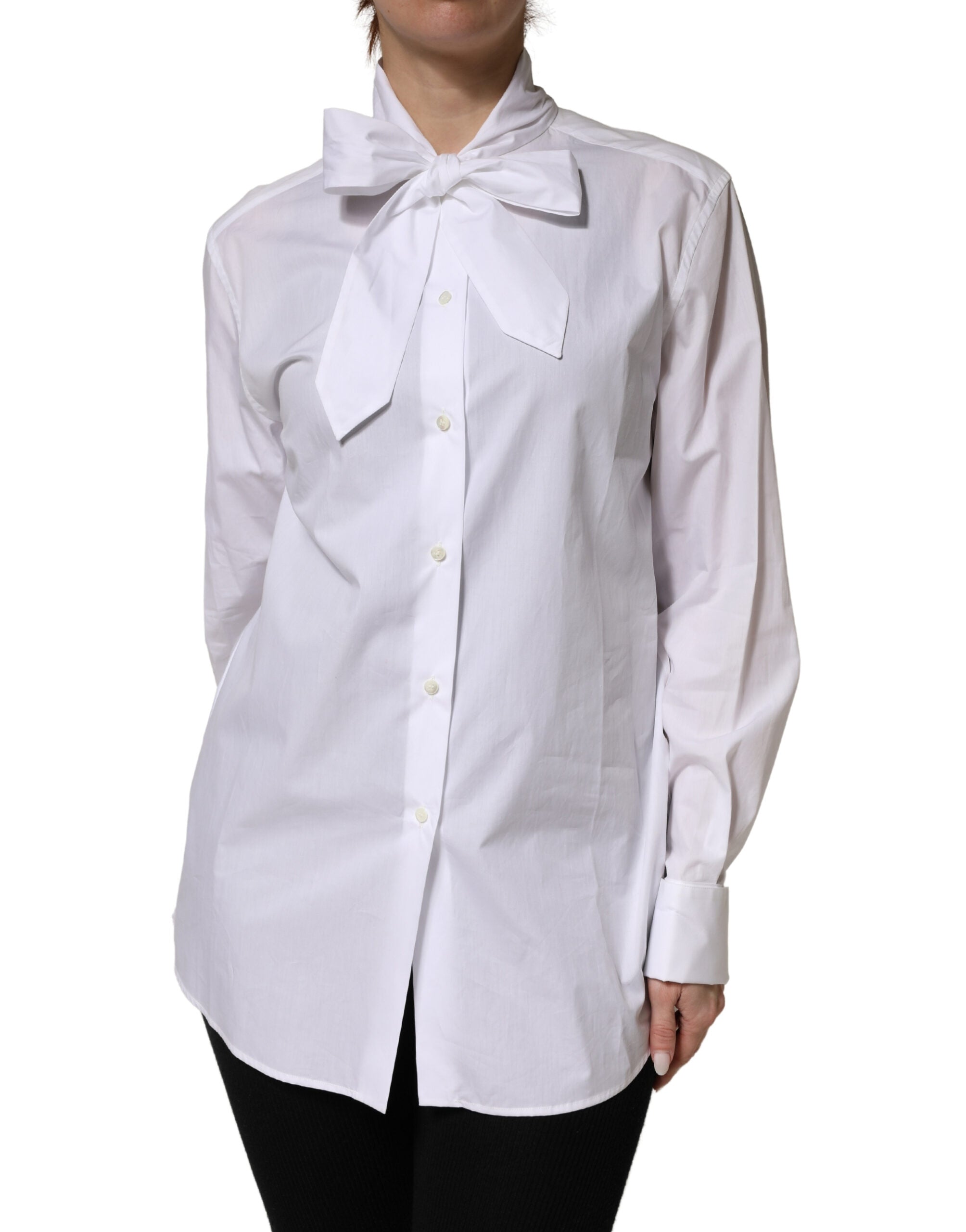 Dolce & Gabbana White Cotton Bow Tie Long Sleeves Blouse Women's Top