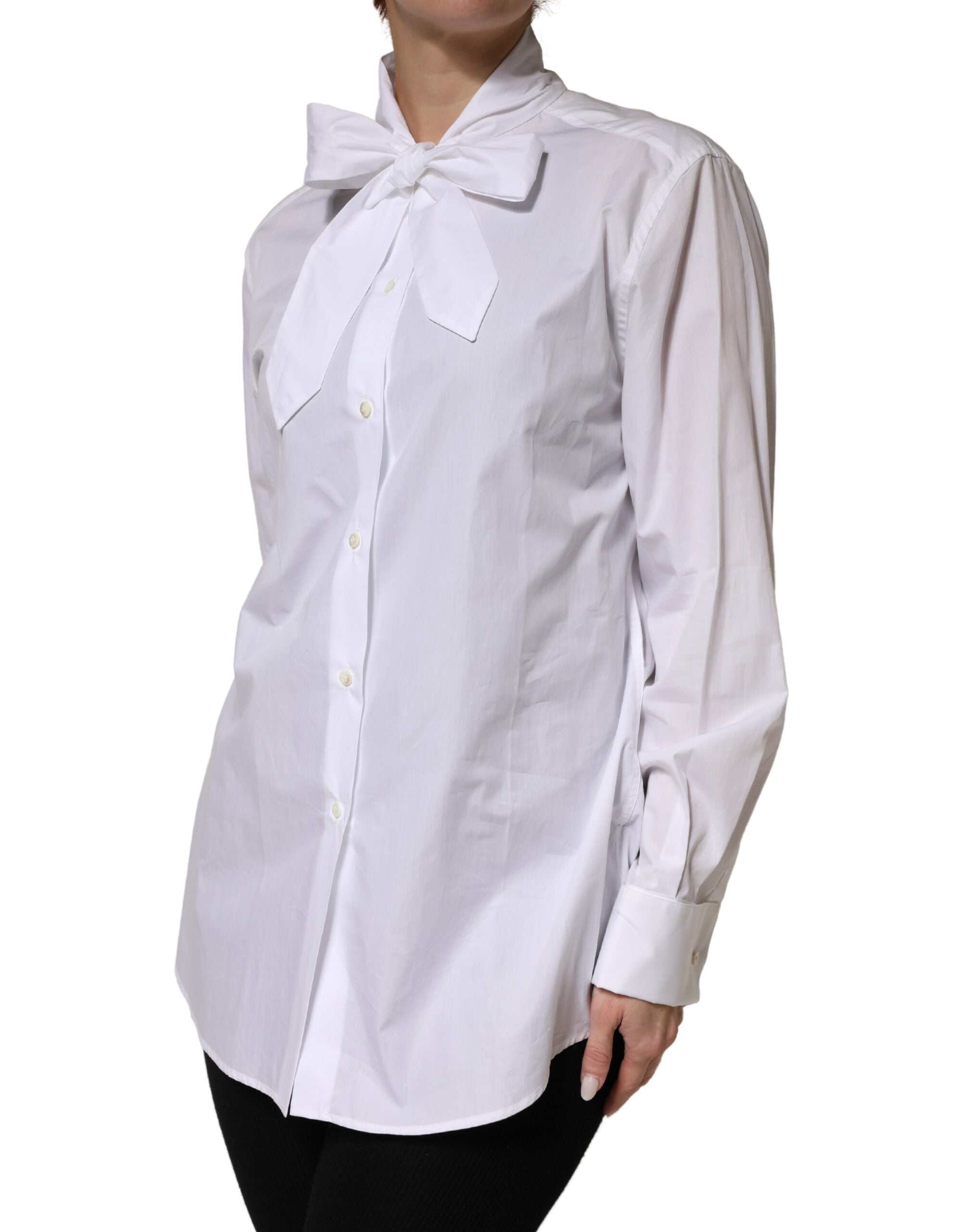 Dolce & Gabbana White Cotton Bow Tie Long Sleeves Blouse Women's Top