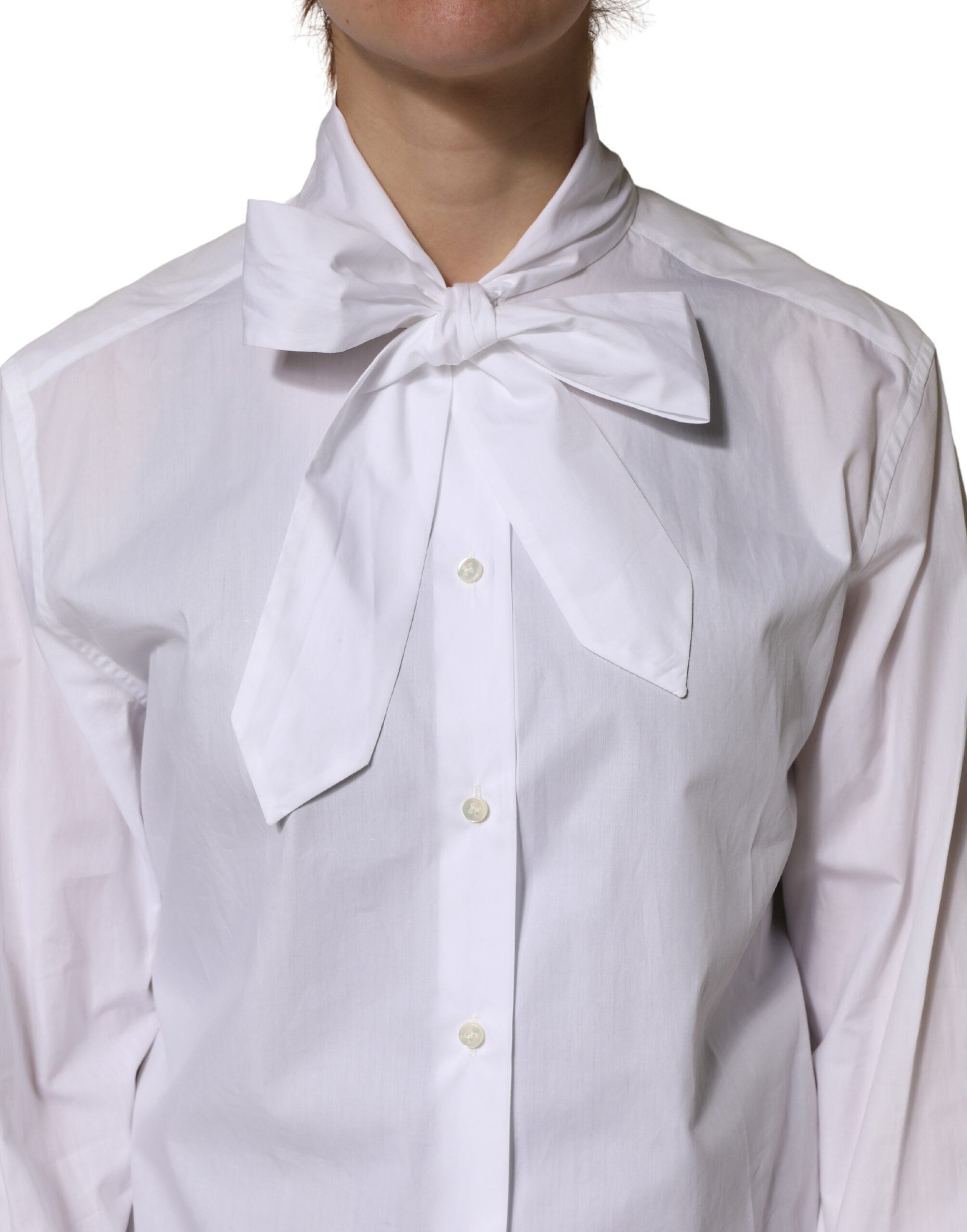 Dolce & Gabbana White Cotton Bow Tie Long Sleeves Blouse Women's Top