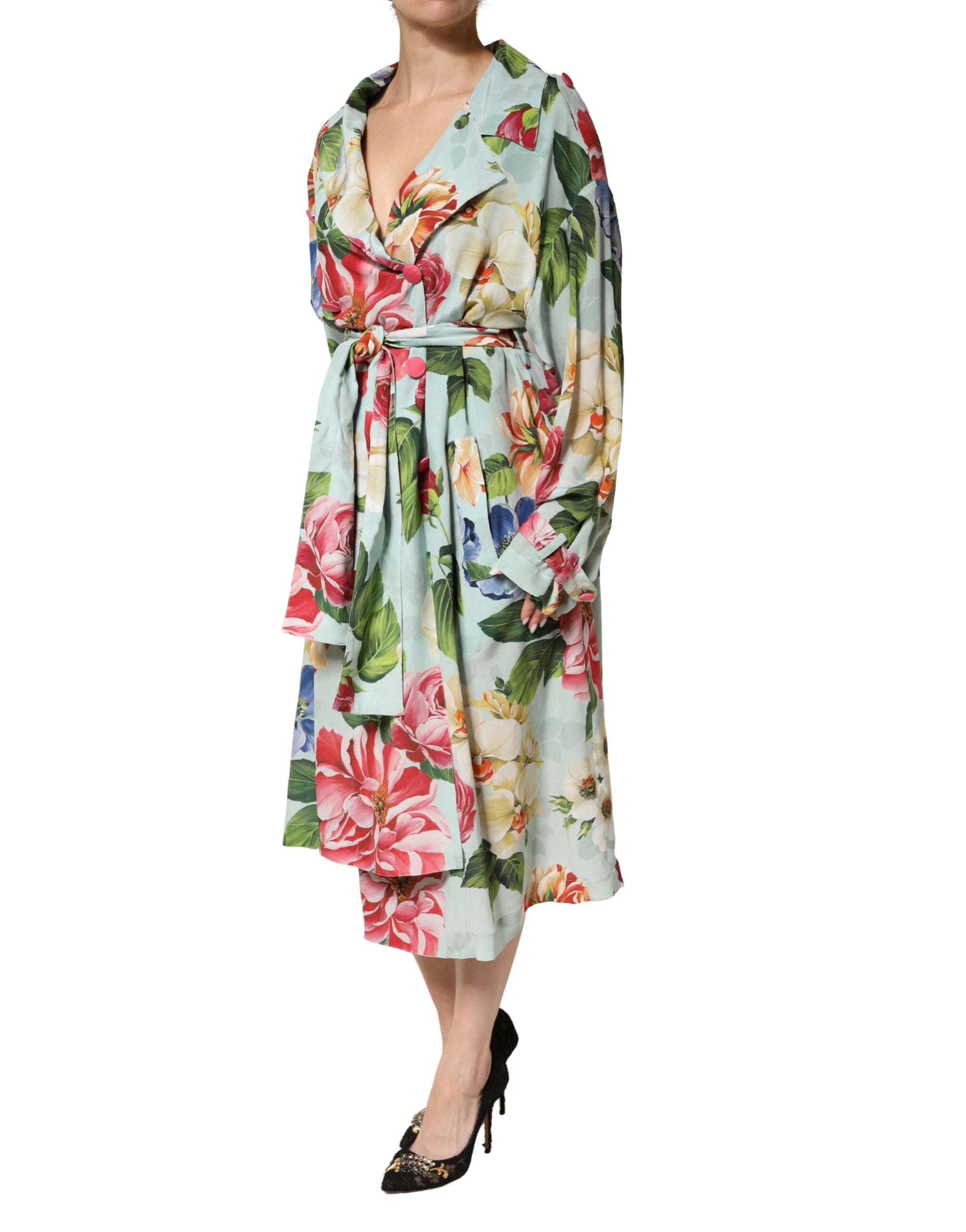Dolce & Gabbana Green Floral Silk Wrap Midi Long Sleeve Women's Dress