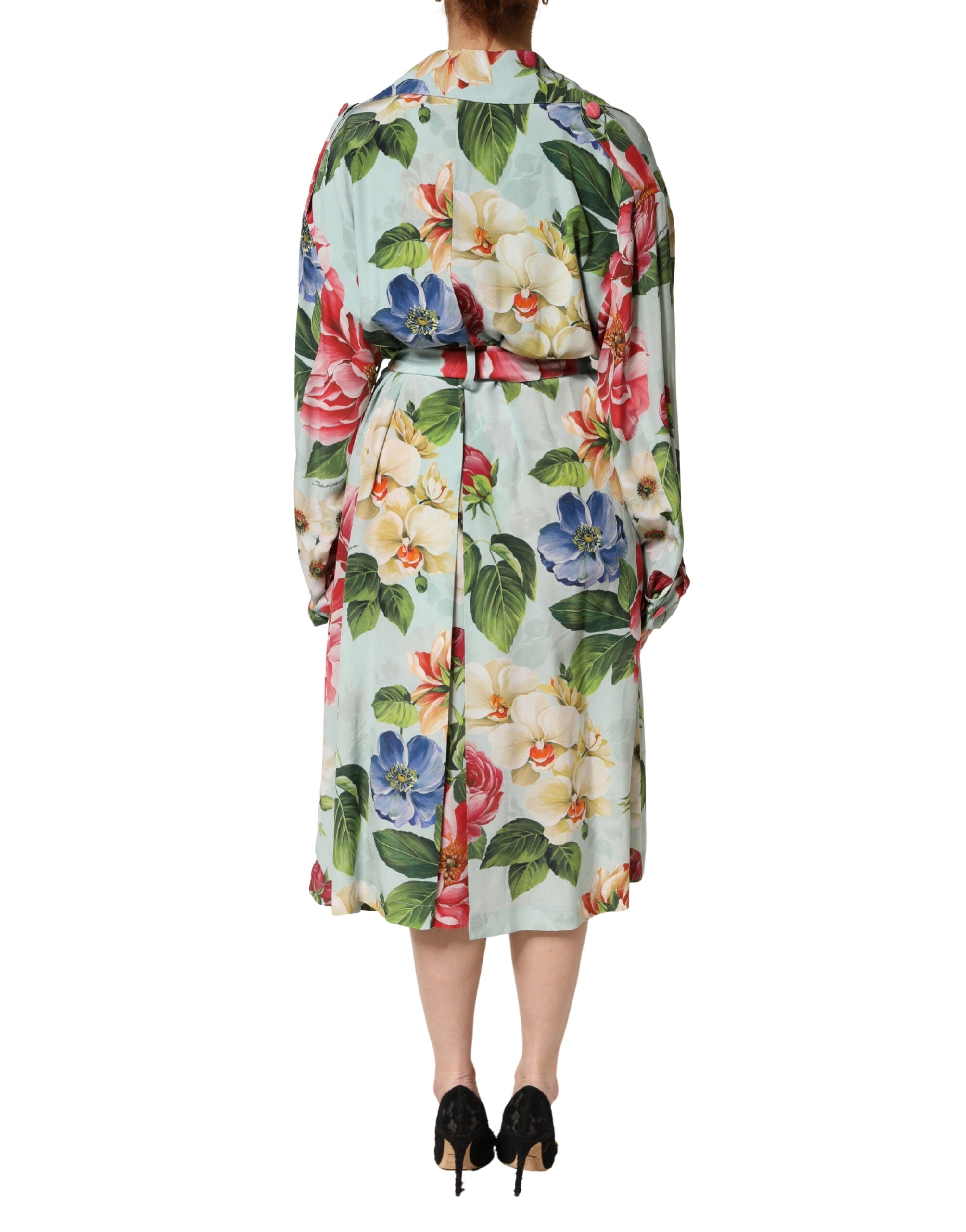 Dolce & Gabbana Green Floral Silk Wrap Midi Long Sleeve Women's Dress
